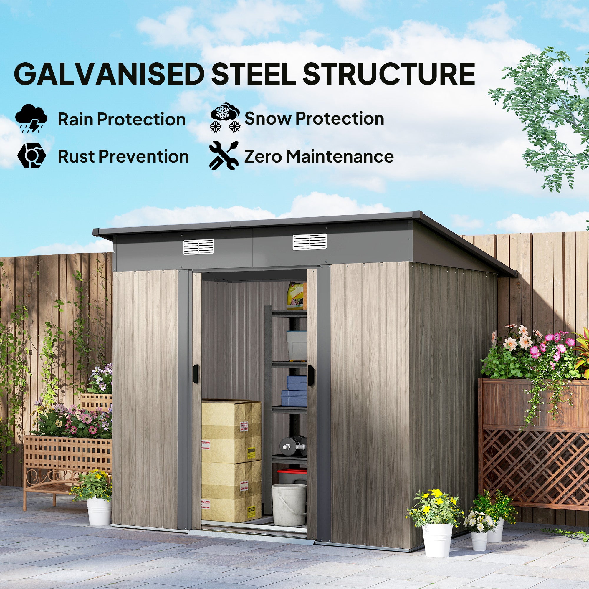 Outsunny 4 x 7ft Metal Shed - Grey Wood-Effect