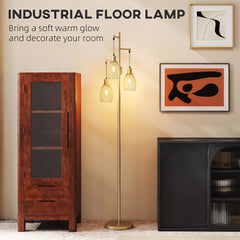 HOMCOM 170.5cm Industrial Dimmable Standing Lamp, 3-Light Floor Lamp with Steel Wire Cage Lampshades, Gold Tone