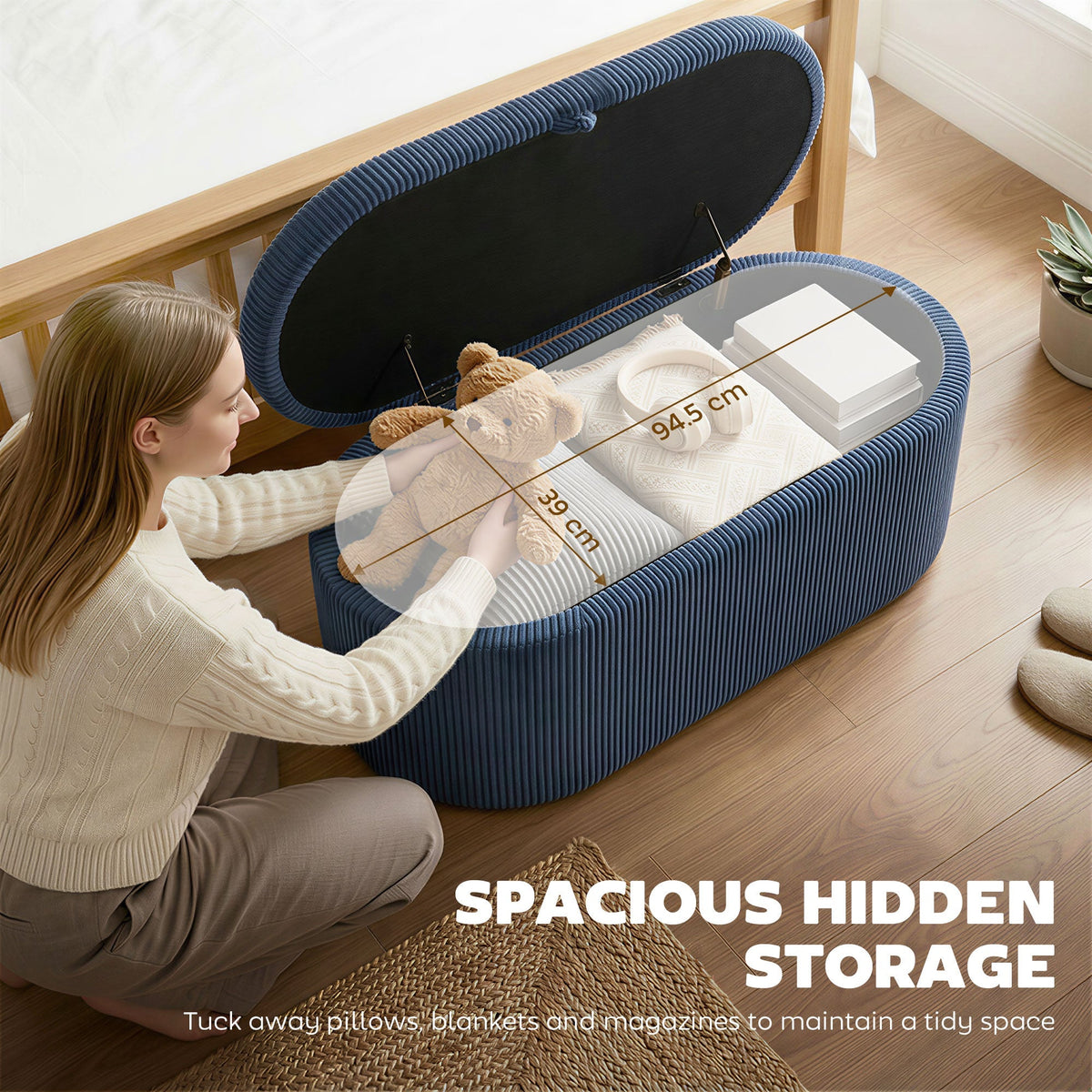 HOMCOM Storage Ottoman, Corduroy Upholstered Ottoman Storage Box with Padded Seat, 105 x 51 x 49 cm, Blue