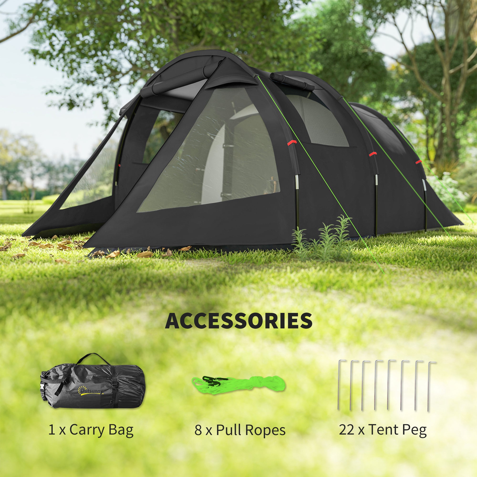 Outsunny 3-4 Man Tunnel Tent, Two Room Camping Tent with Windows, Portable Carry Bag, for Fishing, Hiking, Sports, Festival - Black