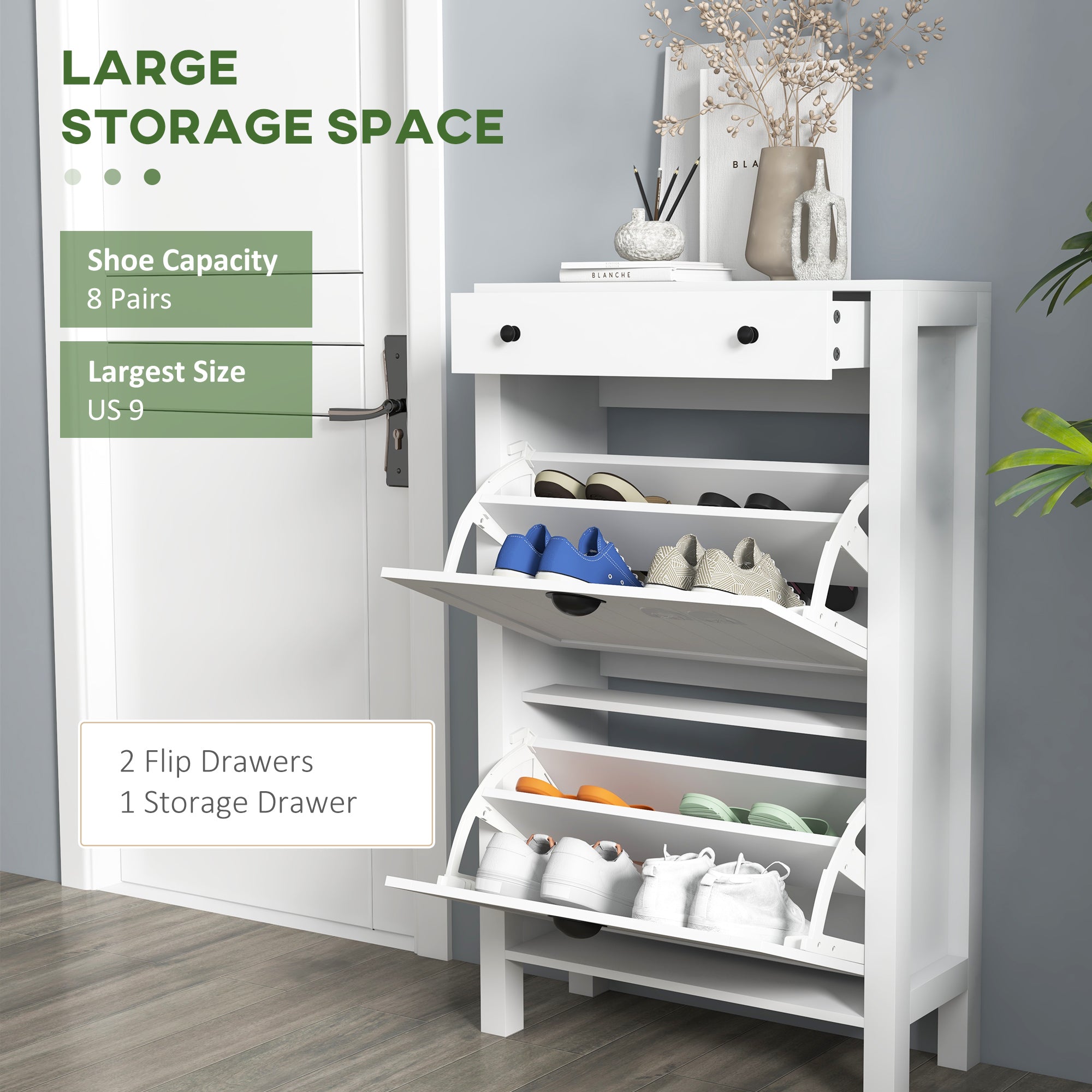 HOMCOM Narrow Shoe Cabinet with 2 Flip Drawers and Adjustable Shelves, White