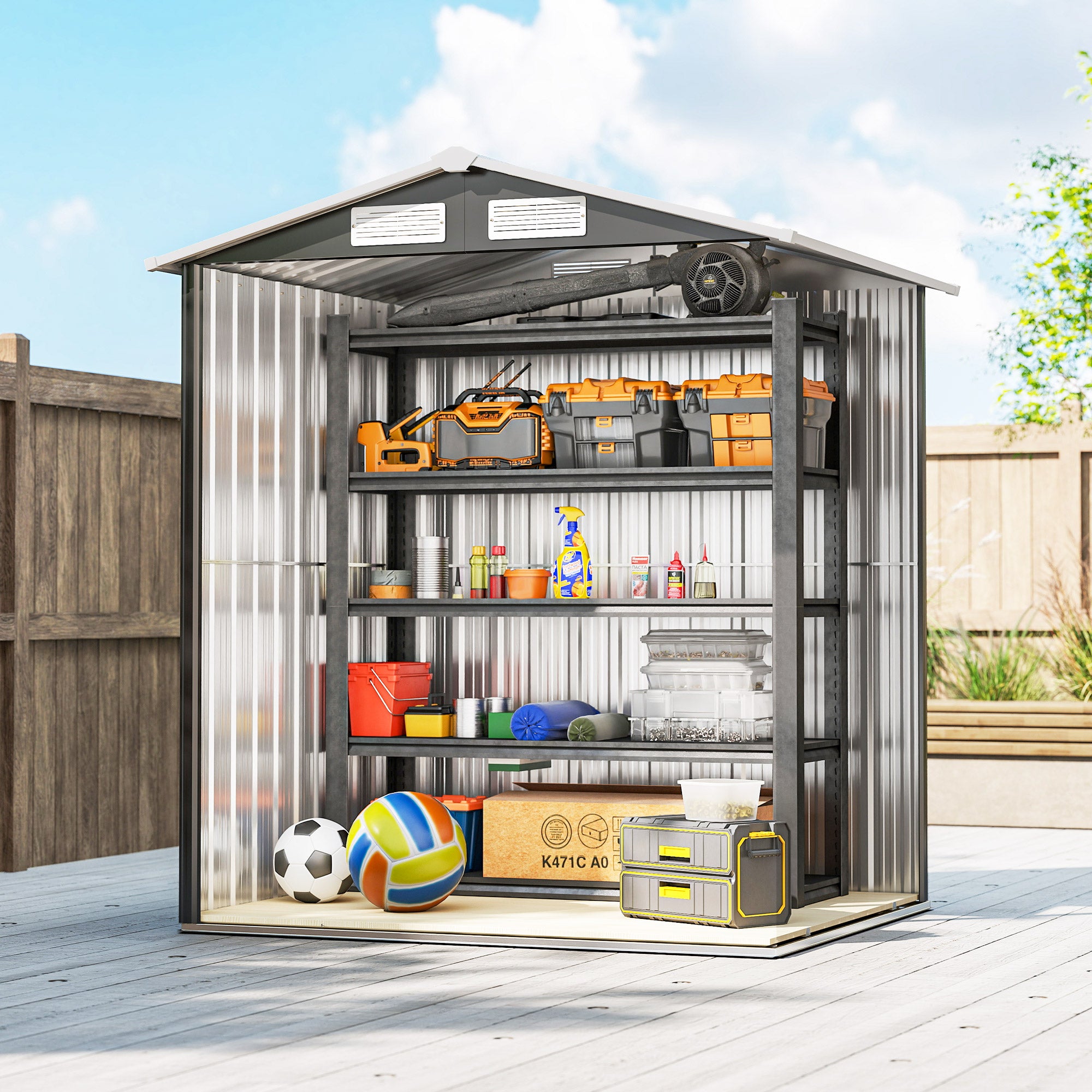 Outsunny Garden Metal Tool Storage Shed with Sliding Door, Sloped Roof and Foundation Kit, 152 x 132 x 188cm, Grey