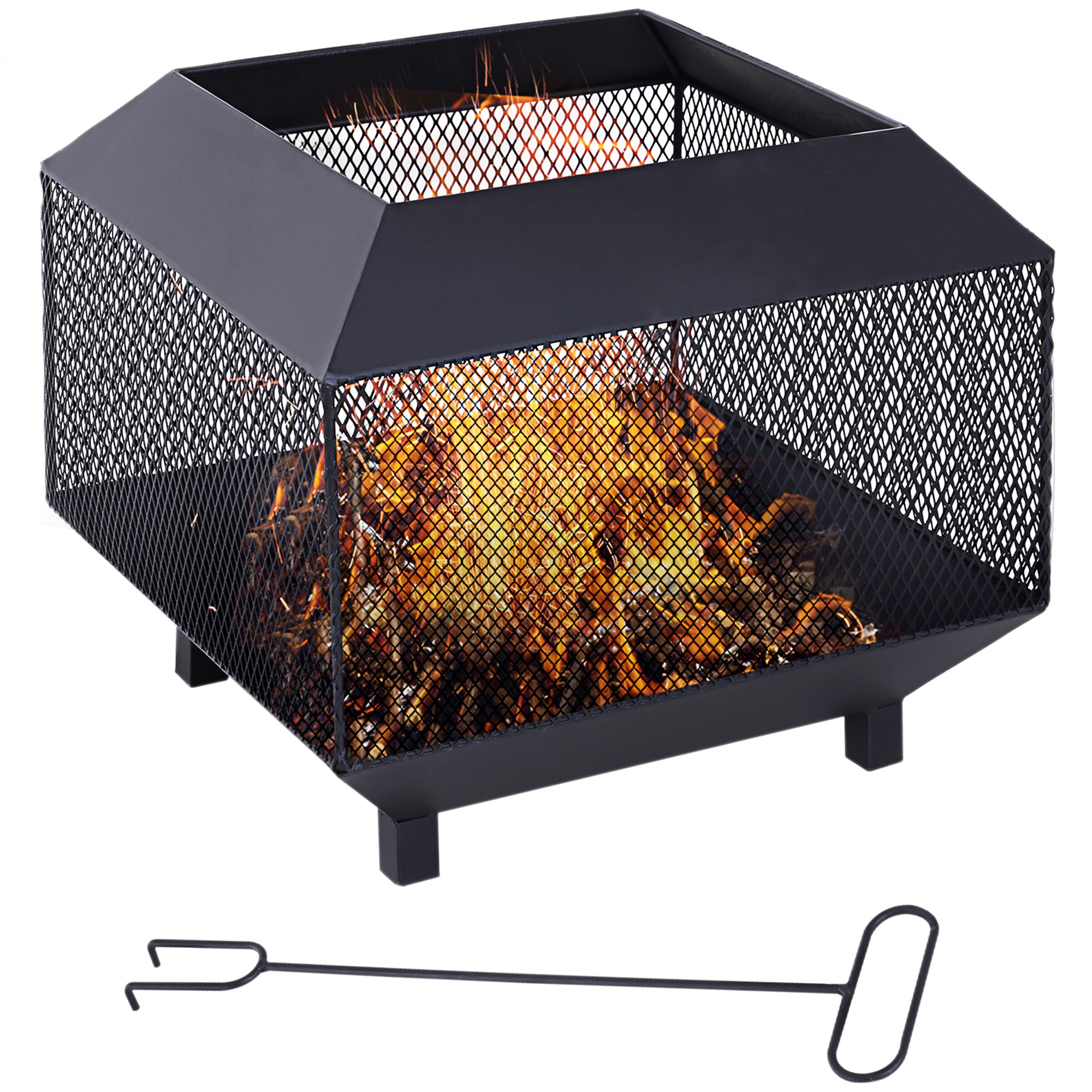 Outsunny Metal Square Fire Pit Outdoor Mesh Firepit Brazier w/ Lid, Log Grate, Poker for Backyard, Camping, Bonfire, Wood Burning Stove, 44 x 44 x 40cm, Black