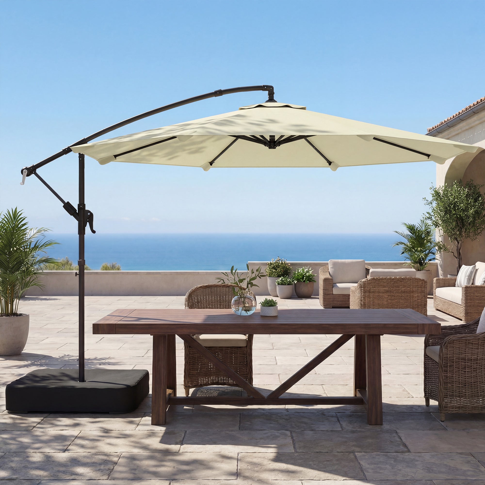 Outsunny 3 m Garden Cantilever Parasol with Cross Base, Sandbag, 360 degrees Rotating Overhanging Banana Umbrella, Beige