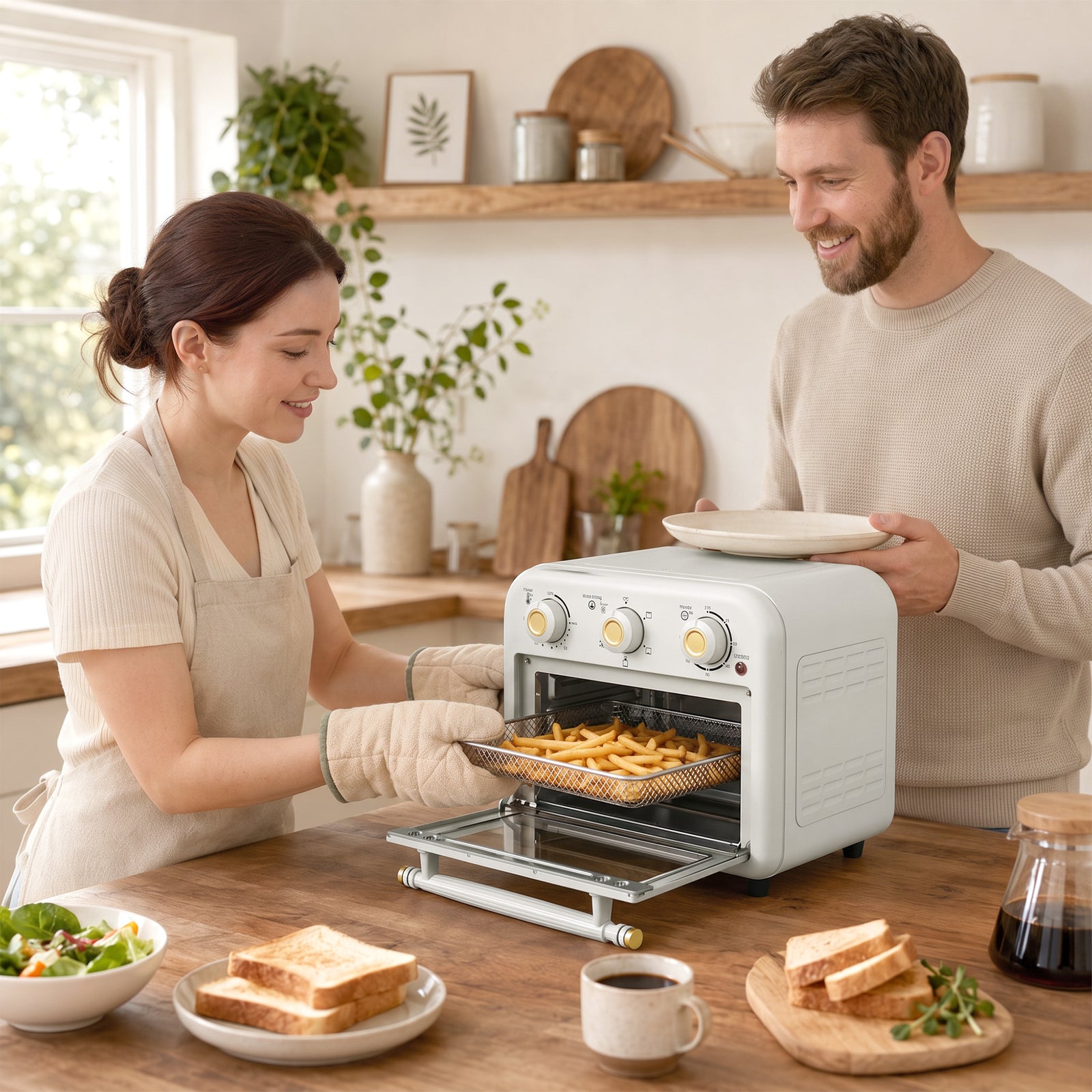 HOMCOM Air Fryer Toaster Oven, Convection Countertop Oven, with Adjustable Temperature and Timer, 12 L, Cream White