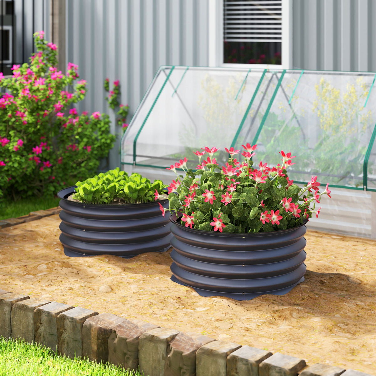Outsunny Set of 2 Raised Garden Bed, Metal Planter Box with Safety Edging, Easy-to-assemble Stock Tank, Dark Grey