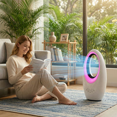 HOMCOM Bladeless Tower Fan, 36dB Standing Cooling Fan with 60° Oscillating, LED Lights, 3 Speeds, 7.5H Timer, Remote Control