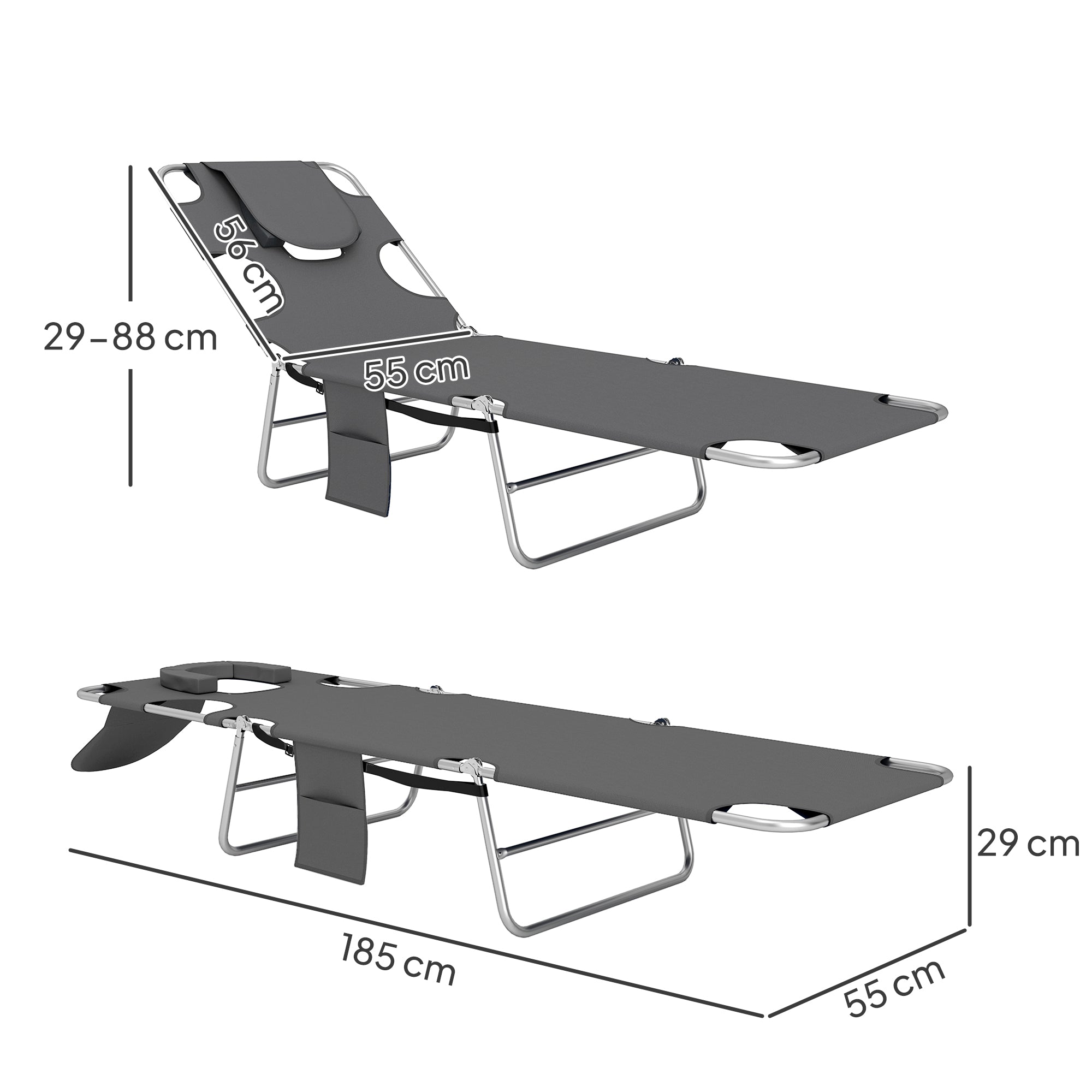 Outsunny Foldable Sun Lounger Set of 2, Beach Chaise Lounge with Reading Hole, Arm Slots, 5-Position Adjustable Backrest, Side Pocket, Pillow for Garden, Beach, Pool, Dark Grey