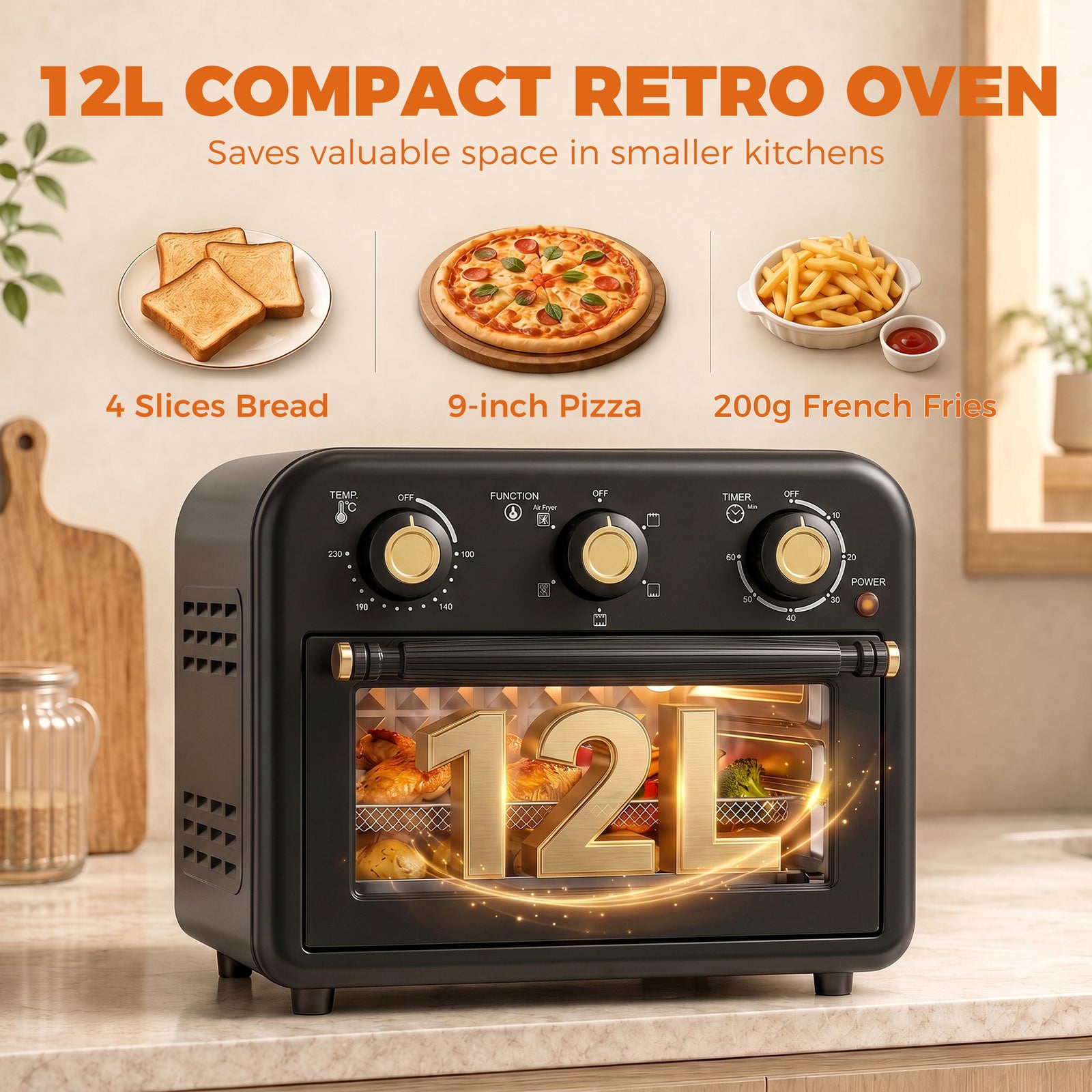 HOMCOM Air Fryer Toaster Oven, Convection Countertop Oven, with Adjustable Temperature and Timer, 12 L, Black
