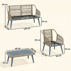 Outsunny 4 Piece Rattan Garden Furniture Set with Loveseat, Armchairs, Wood Table, Wicker Patio Conversation Set, Grey