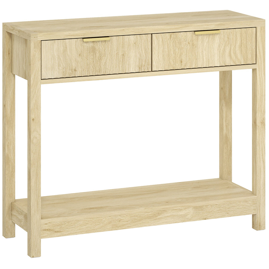 HOMCOM Modern Console Table with Fluted Panel Drawers, Narrow Hallway Table with Shelf for Entryway, Living Room, 90 x 30 x 76 cm, Natural Wood Finish