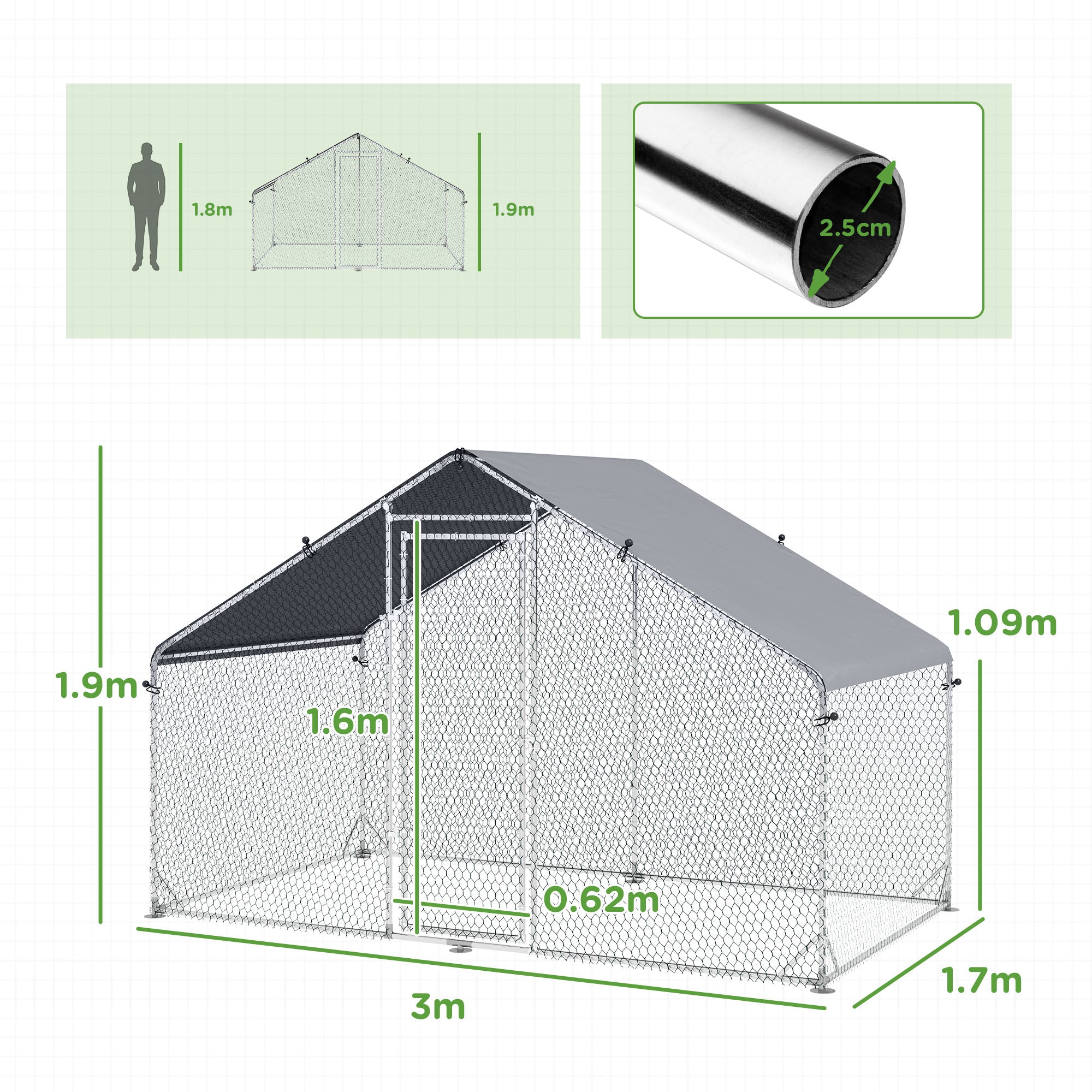 PawHut Large Chicken Coop, Galvanised Walk In Chicken Coop Hen House w/ Water-Resist Cover, 3 x 1.7 x 1.9m