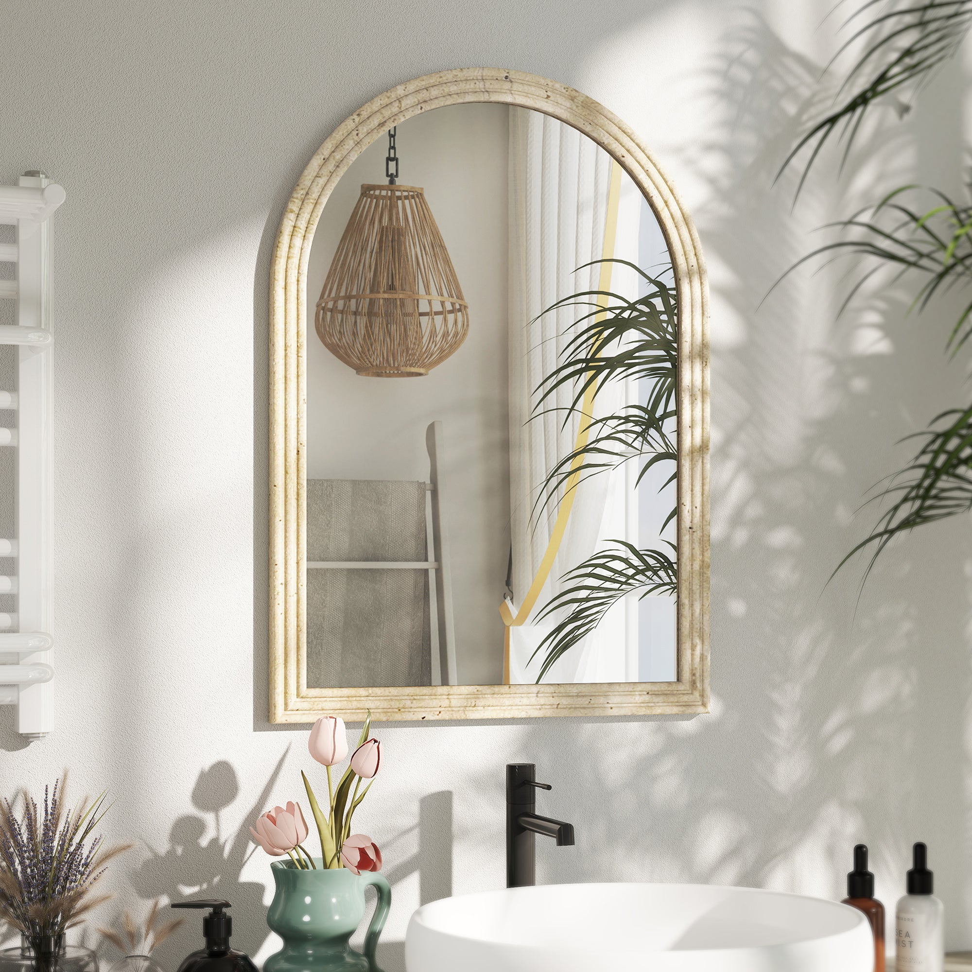 HOMCOM Arched Wall Mirror with Grooved Edge & Hooks, Wall-Mounted Mirror, Modern Tempered Glass & Polystyrene Beige