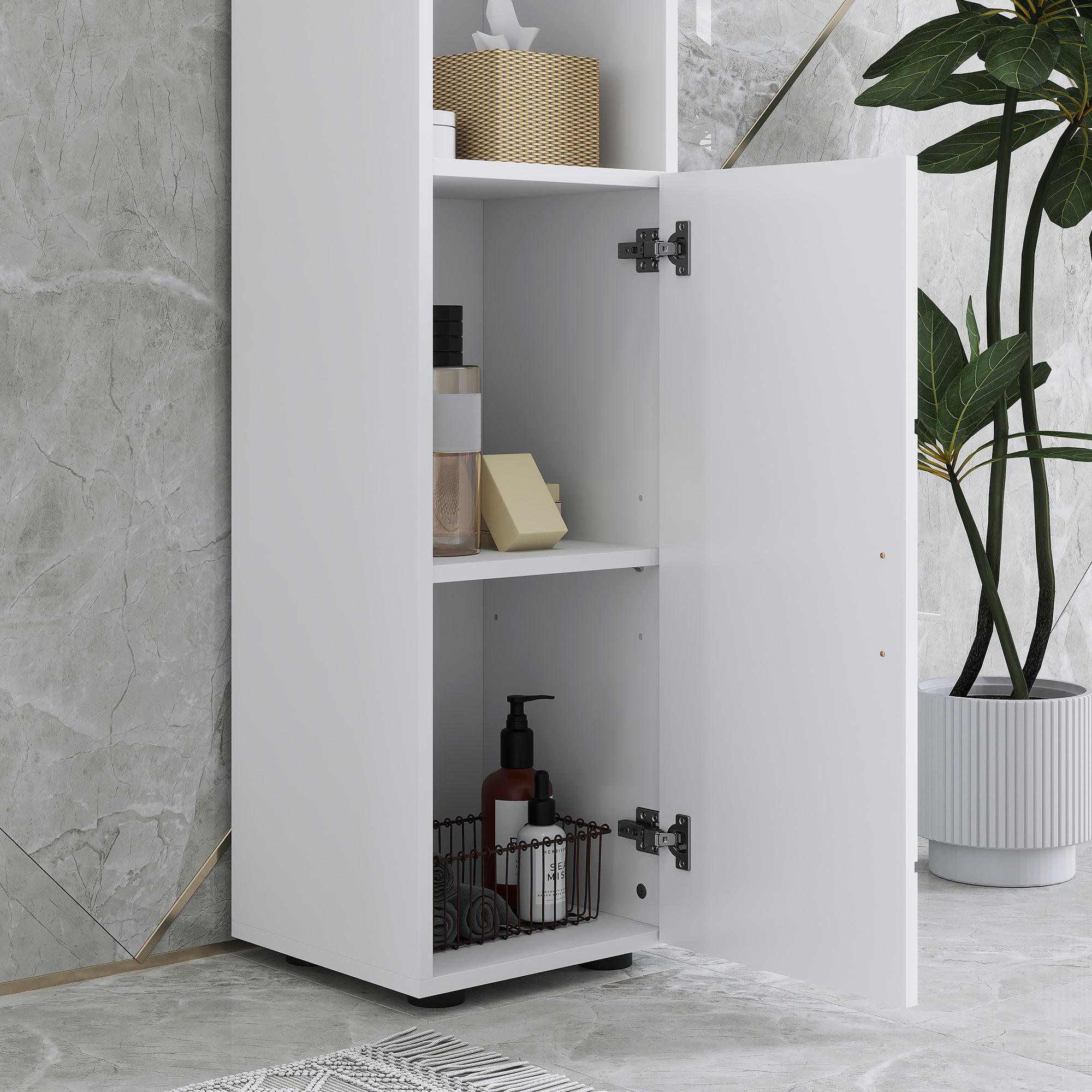 kleankin Line Embossed Tall Bathroom Storage Cabinet - White