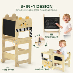 AIYAPLAY Toddler Step Stool, Standing Tower with Chalkboard, 3-in-1 Cat-Shaped Step Stool for Kitchen Counter, Natural