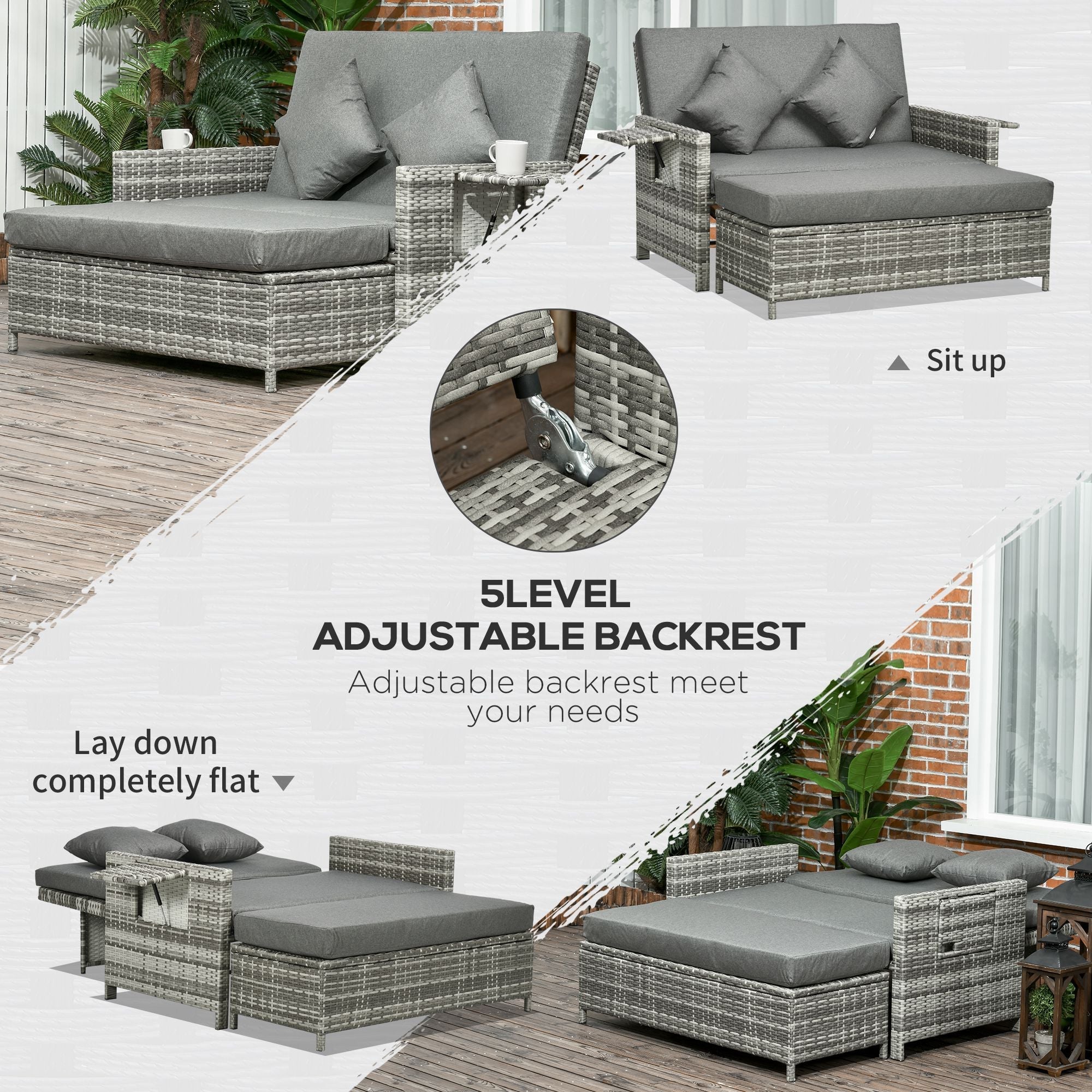 Outsunny Rattan Garden Daybed, Assembled Double Sun Lounger with 5-Level Adjustable Back, Storage Ottoman, Cushions, Pillows and Retractable Trays, Outdoor Loveseat Sofa Bed for Patio, Mixed Grey