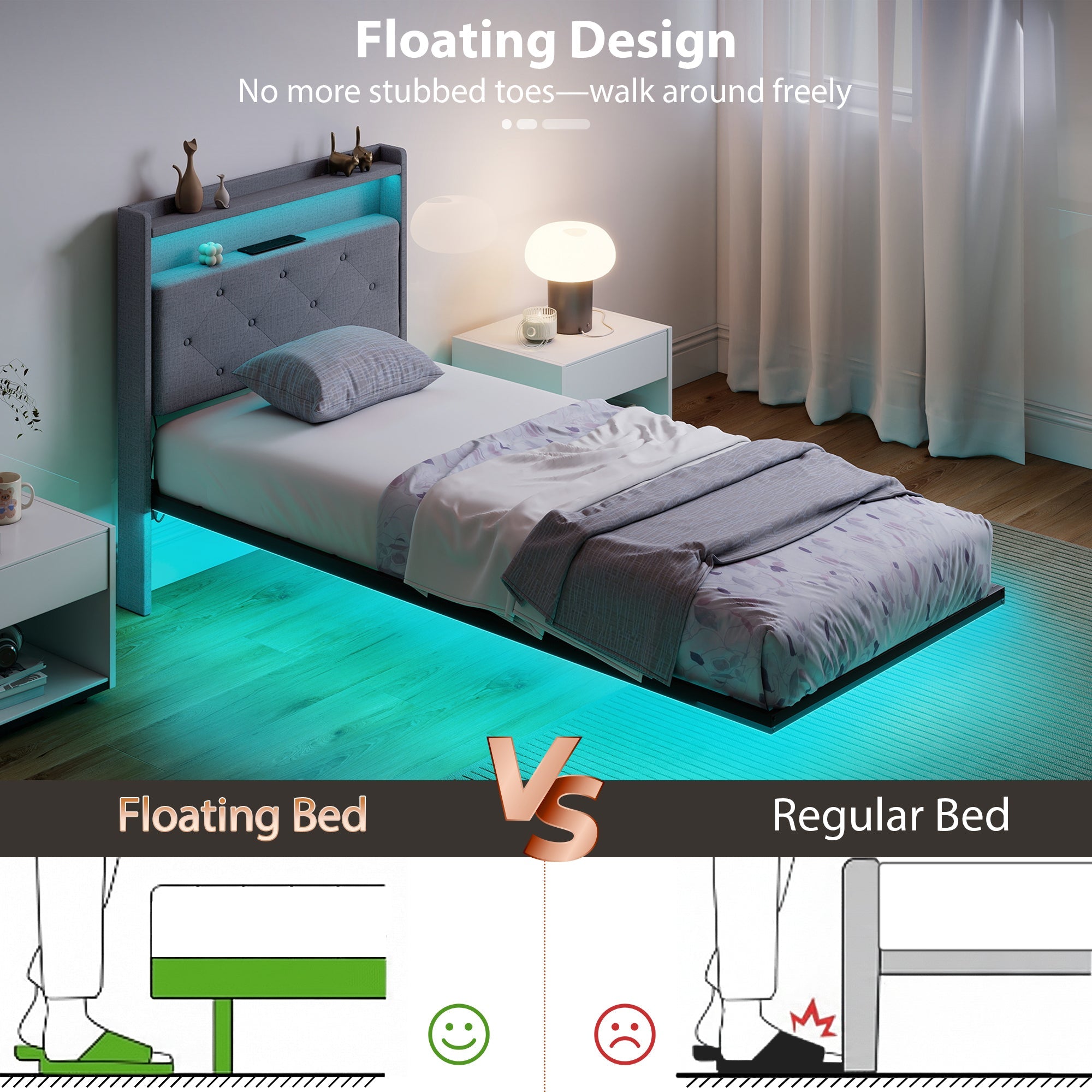 HOMCOM Floating Bed Frame, Upholstered 3ft Single Size Bed, Platform Bed with RGB LED Lights and Charging Station, Grey