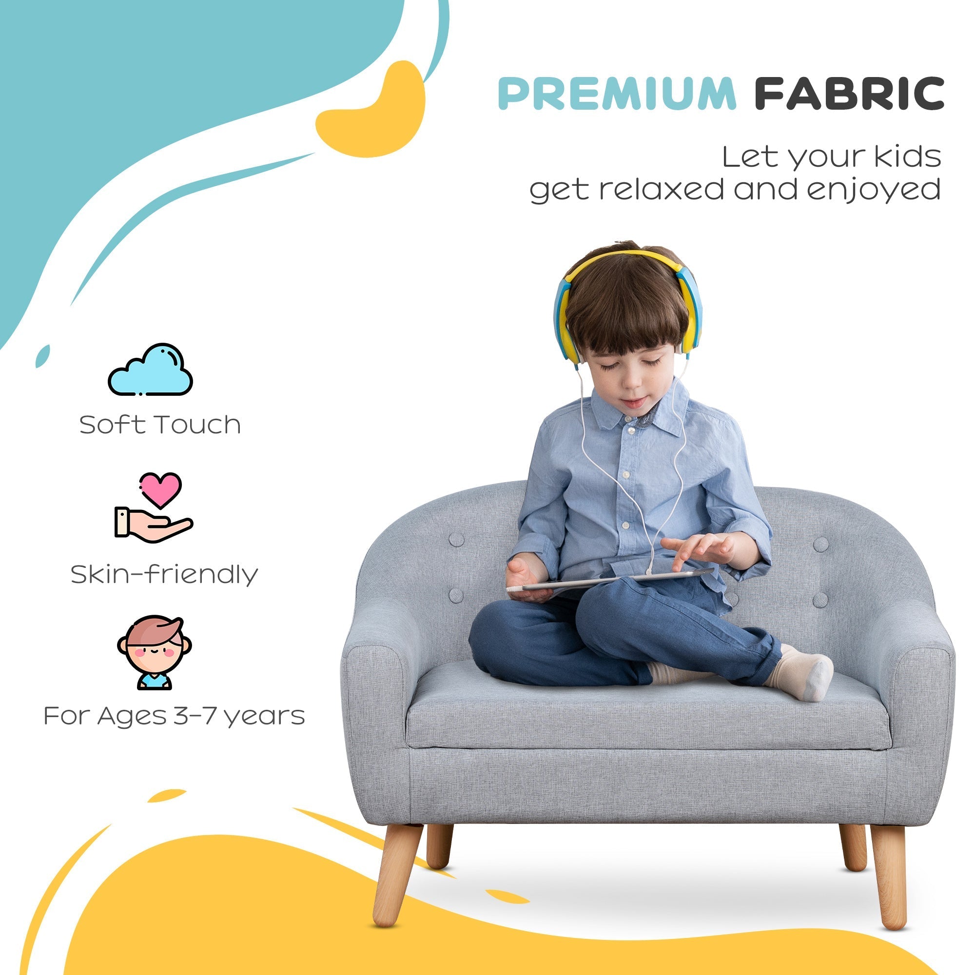 HOMCOM Children's Armchairs Kids Armchair Toddler Chair 2 Seater Wood Frame Mini Sofa for Bedroom Playroom Grey