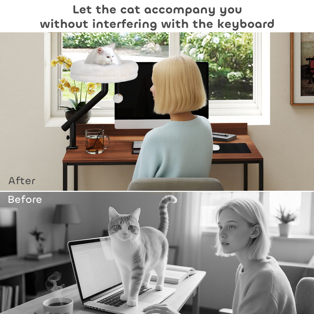 PawHut Cat Desk Bed, Cat Hammock 360° Rotatable Adjustable for Window, Table, Work, Cream White