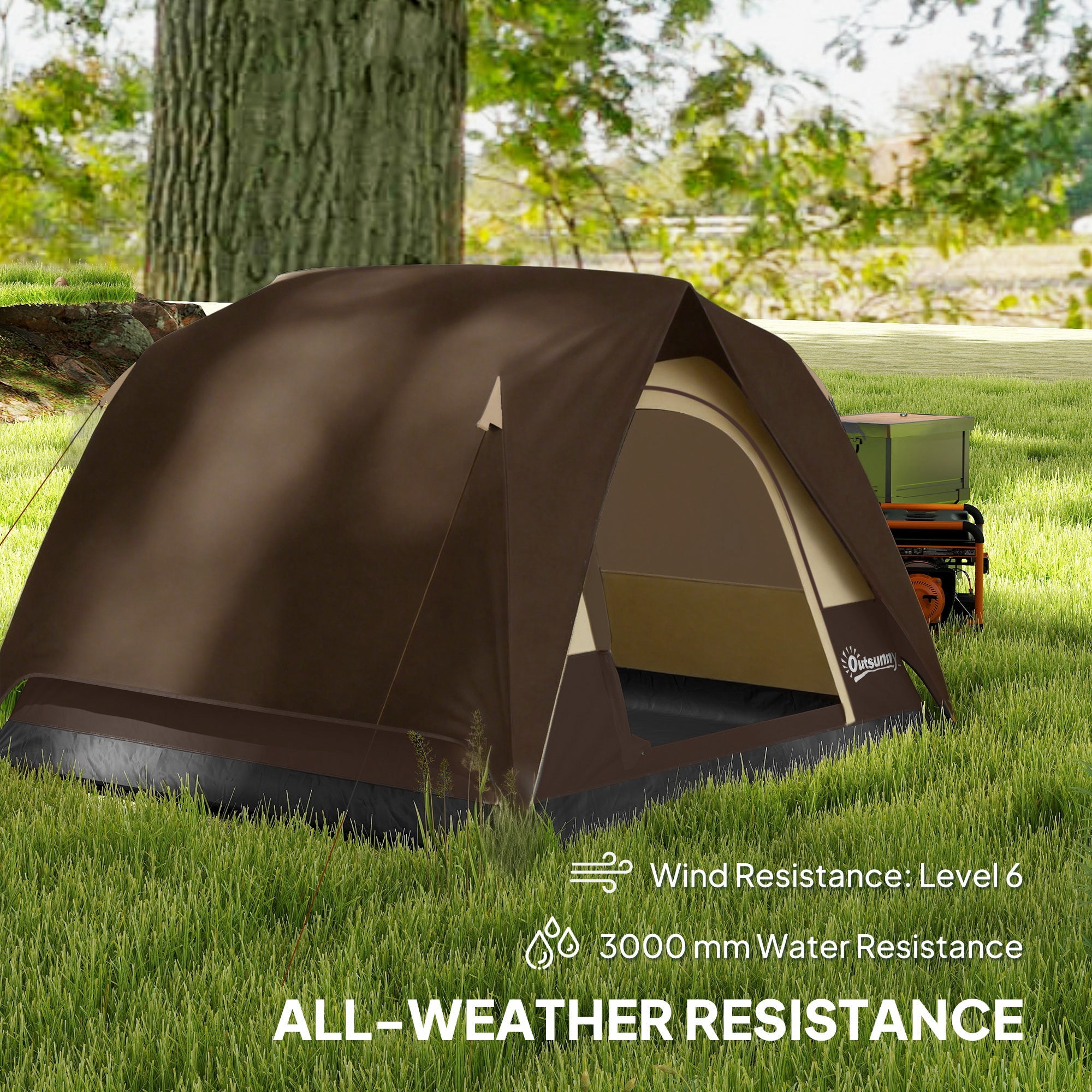 Outsunny 3-4 Person Camping Tent, Easy Set Up 3-4 Man Tent w/ Sewn-in Groundsheet, Waterproof Dome Tent w/ Mesh Windows, Brown