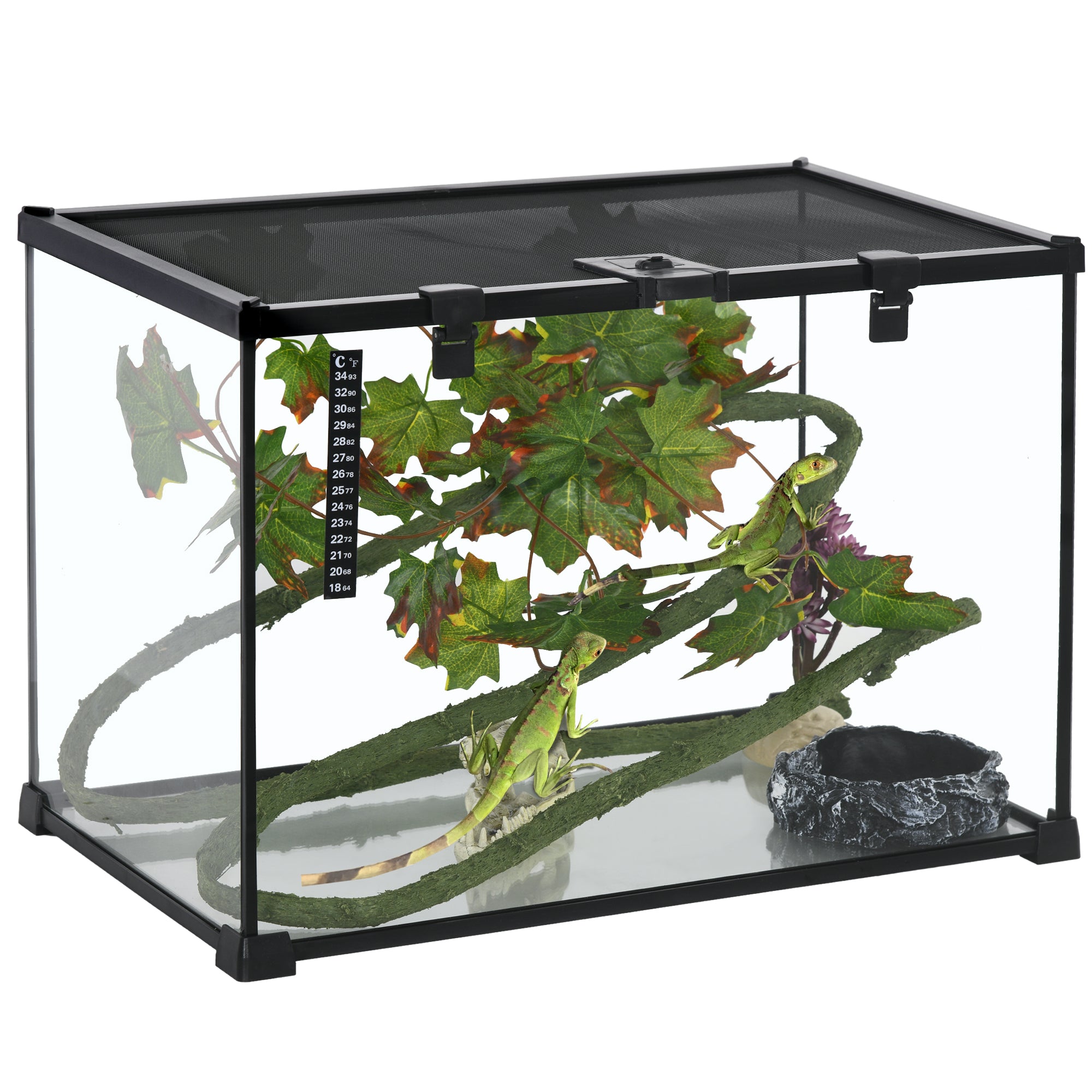 PawHut Glass Reptile Terrarium with Decor Kit, Breeding Tank with Thermometer for Small Animals, 50 x 30 x 35cm, Heated - Black