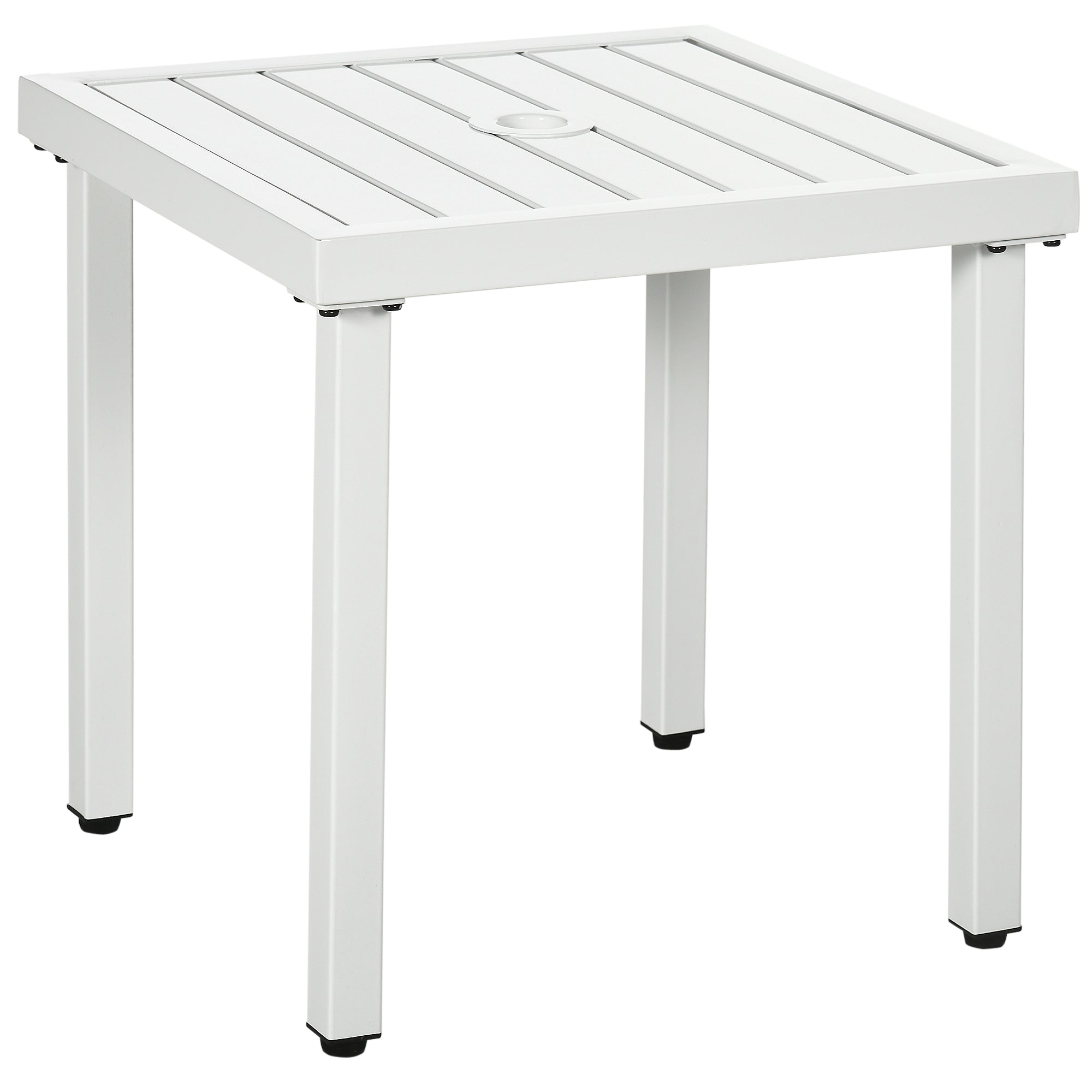 Outsunny Garden Side Table End Table Patio Coffee Table with Umbrella Hole, Steel Frame for Balcony, White