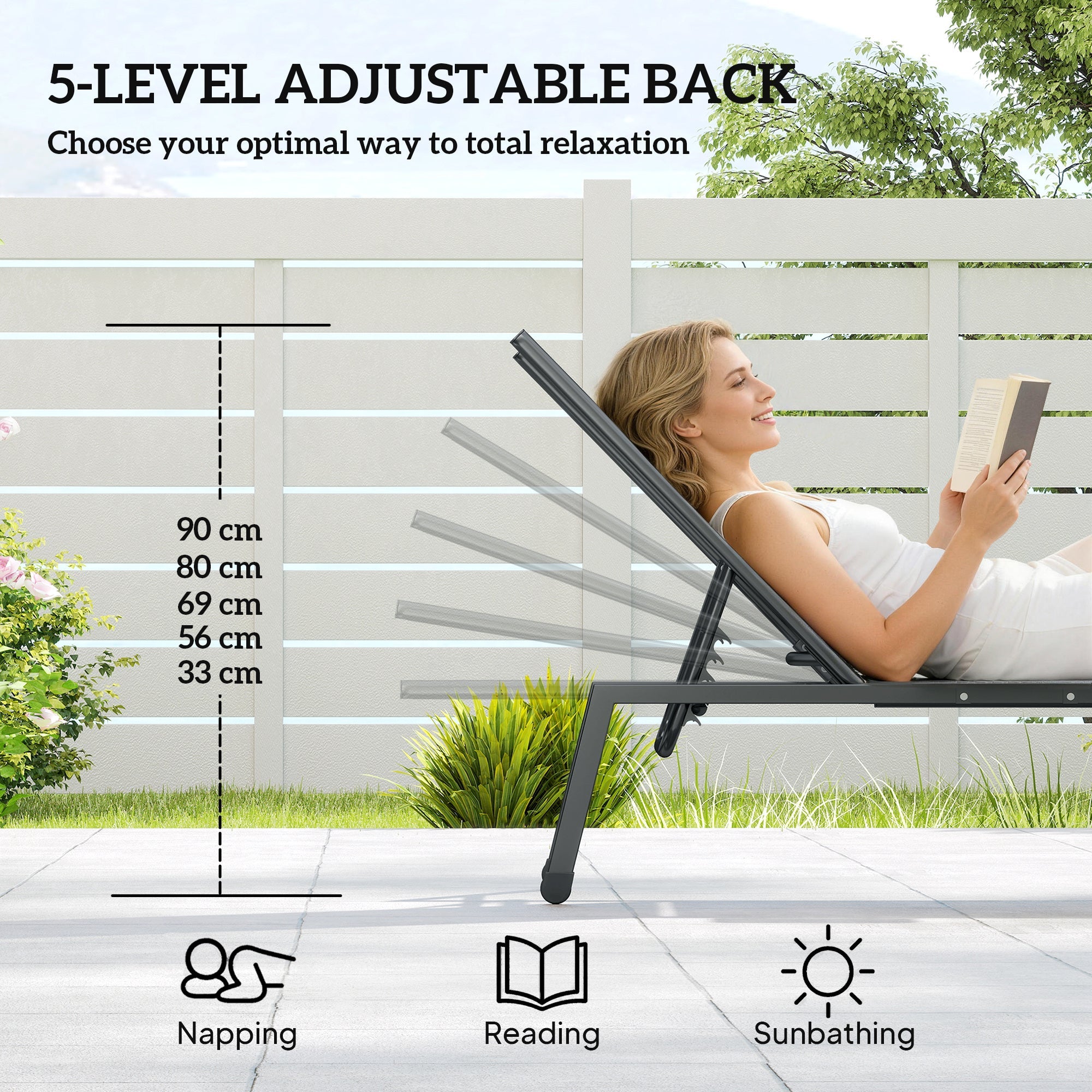 Outsunny Sun Loungers Set of 2 with Side Tray Table, Garden Recliners with 5-Position Adjustable Backrest, 2 Wheels, Khaki