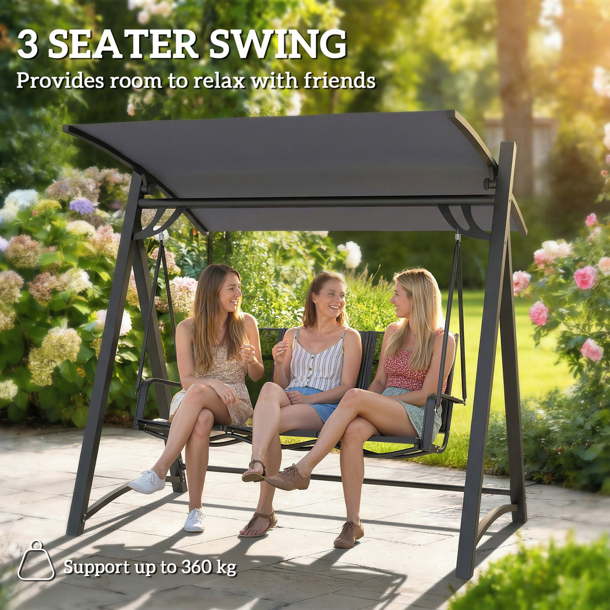 Outsunny 3 Seater Swing Chair, Garden Swing Bench with Adjustable Tilting Canopy, Breathable Mesh Seat 360 kg Capacity, Grey