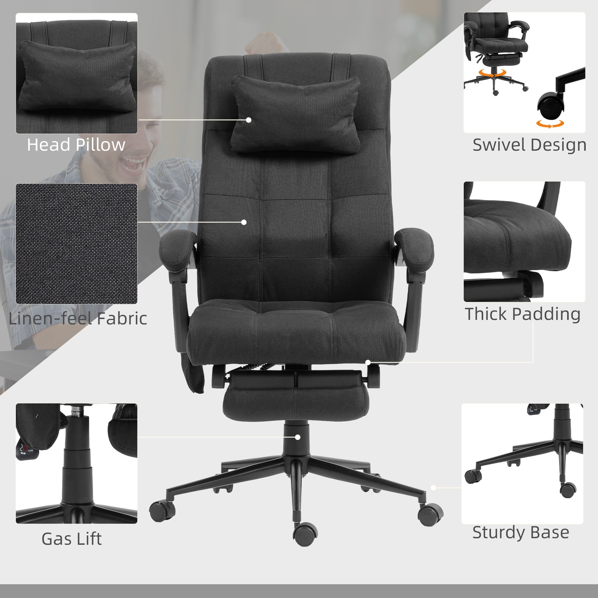 Vinsetto Office Chair with 6-point Vibration Massage and Heat, Computer Chair with Adjustable Height, Head Pillow, Footrest for Home, Black