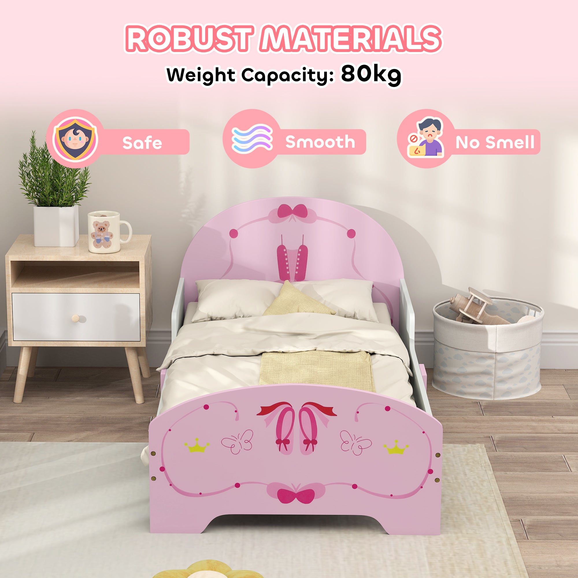 AIYAPLAY Kids Bed with Safety Rails, Kids Clothes Rail, Kids Full Length Mirror, 3 Piece Kids Furniture Set for Bedroom, Pink