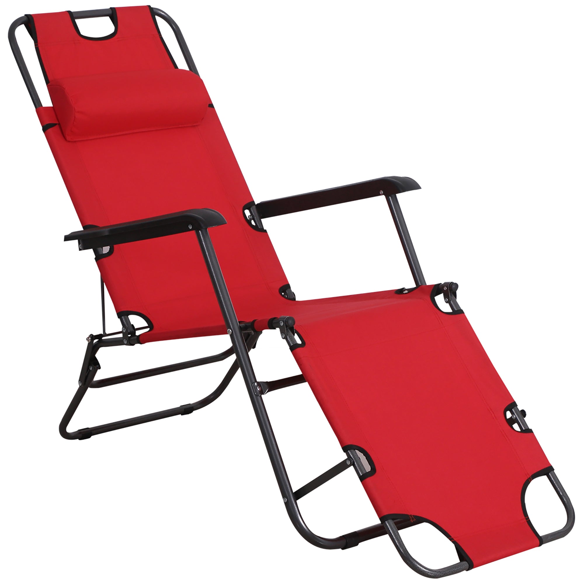 Outsunny 2 in 1 Folding Sun Lounger Reclining Garden Chair with 2-Level Adjustable Backrest, Outdoor Zero Gravity Recliner Garden Chair with Head Pillow and Armrests, Red