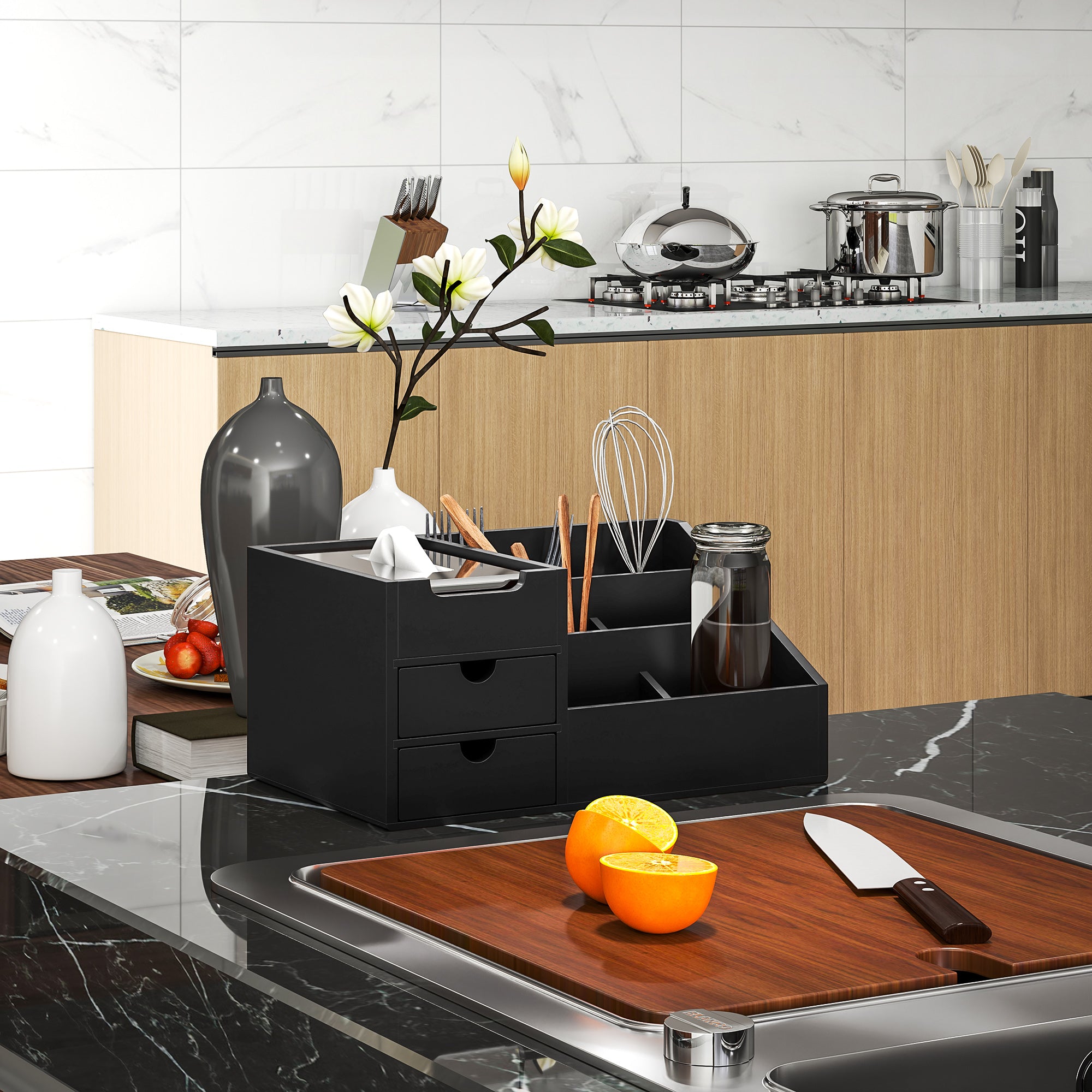 HOMCOM Desk Organiser Holder, Bamboo Multi-Function Storage Caddy with 7 Storage Compartments and 2 Drawers for Home Office Stationary Supplies, Black