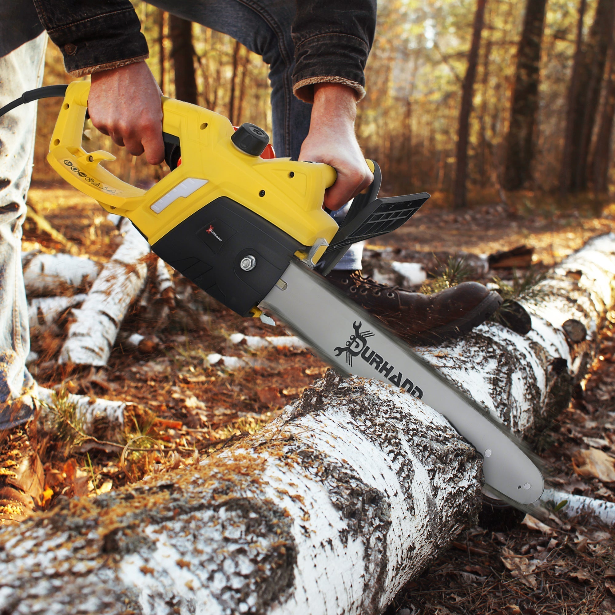 DURHAND 2000W Powerful Electric Chainsaw, 16" Aluminium Blade Portable Corded Chain Saw, 7250rpm Chain Saw for Garden Tree Pruning, 13m/s Chain Speed Auto Chain Lubrication to Cut Wood, Yellow