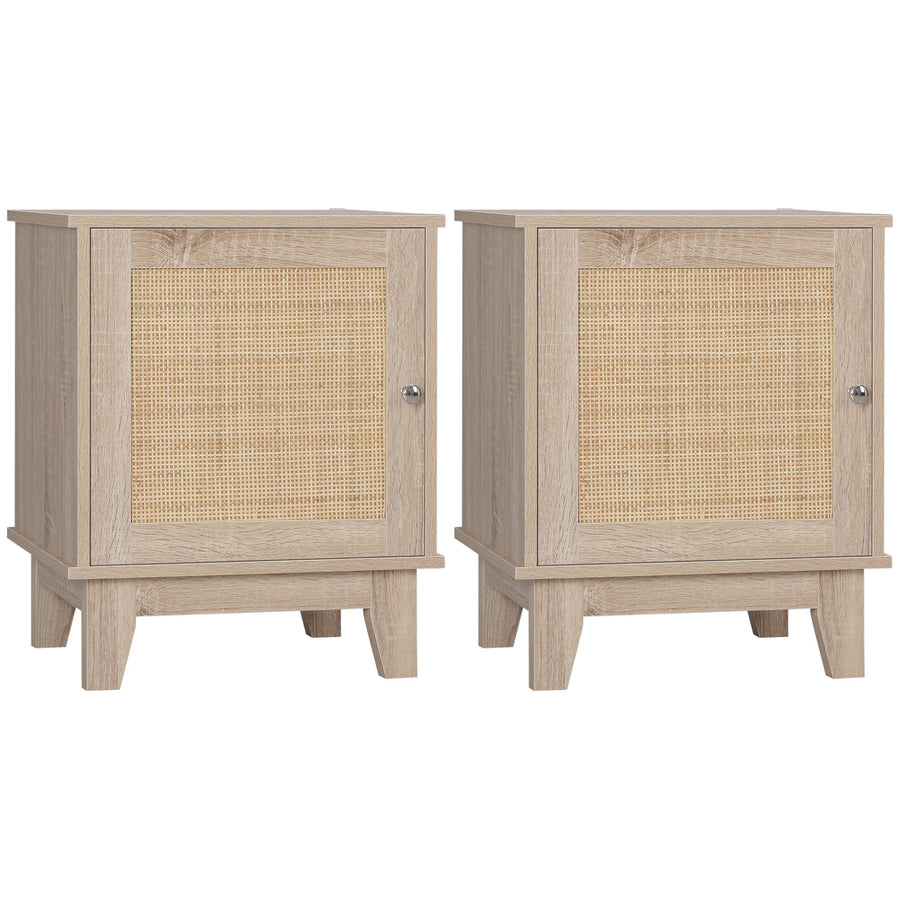 HOMCOM Bedside Table, Bedside Cabinet with Storage Cupboard, Side End Table with Rattan Element for Living Room, Bedroom, Set of 2, Natural
