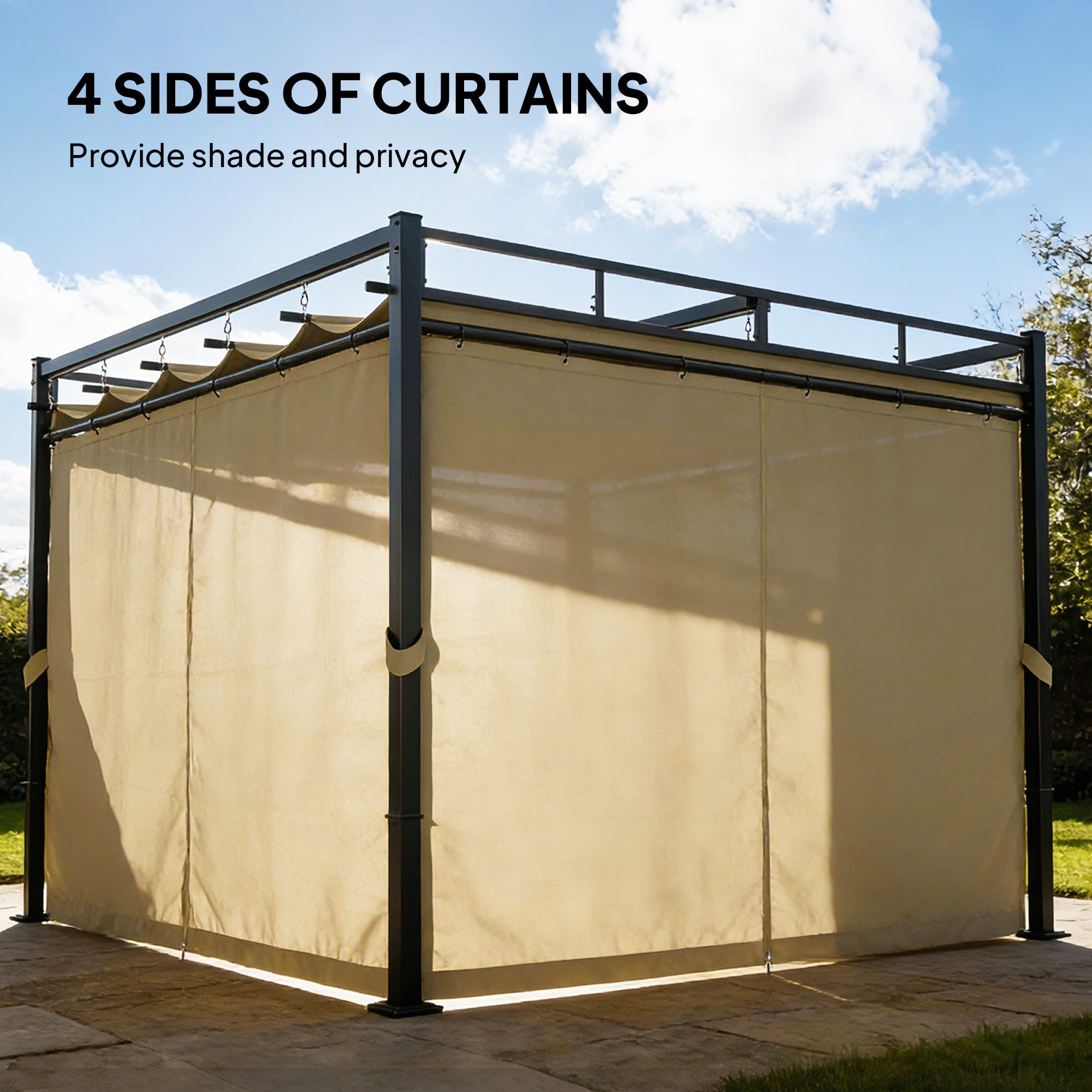 Outsunny 3 x 3 m Pergola with Retractable Roof Canopy and Curtains, UPF30+ Metal Frame Garden Pergola Gazebo Sun Shade, Khaki