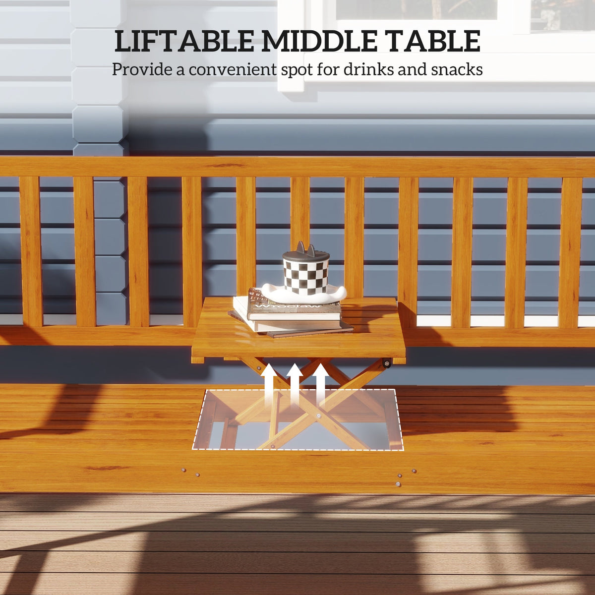 Outsunny Wooden Bench with Liftable Middle Table, Outdoor Bench, Patio Loveseat for Porch, Garden, Seats 2-3 People - product