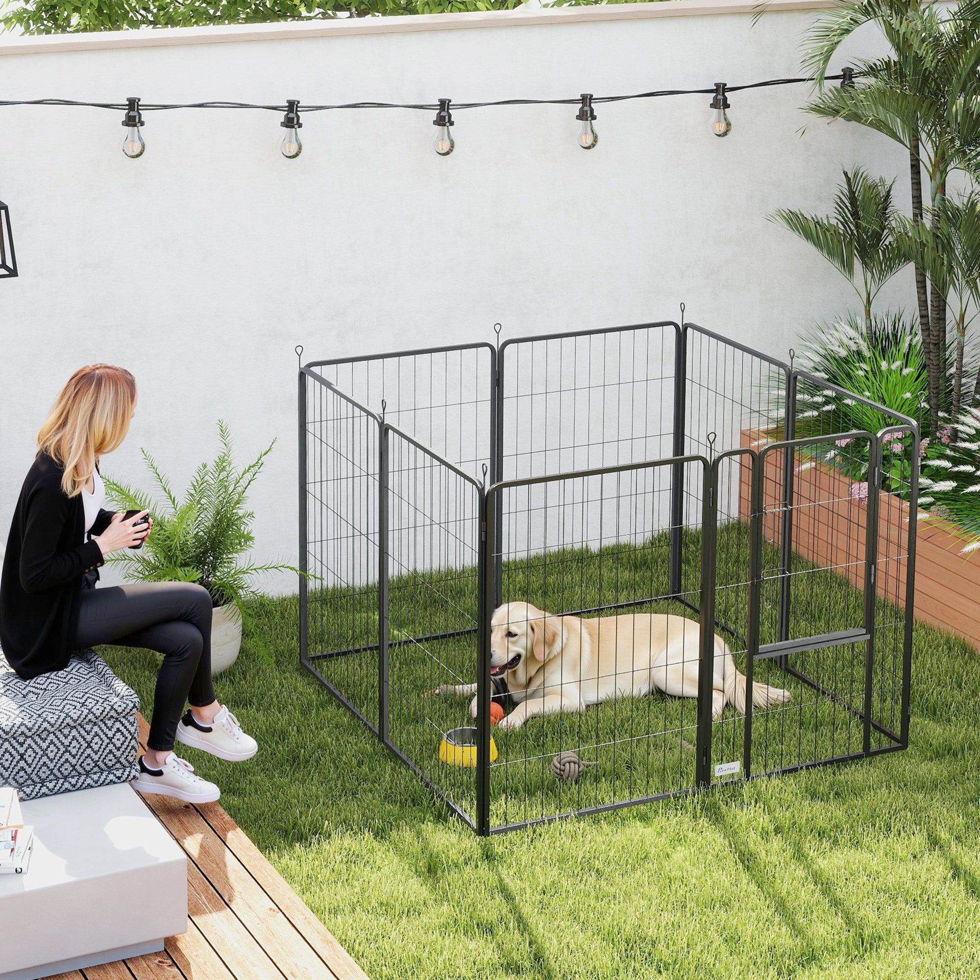 PawHut Eight-Panel Dog Playpen with Door, for Large Dogs, Indoors, Outdoors, 100cm Tall, Black