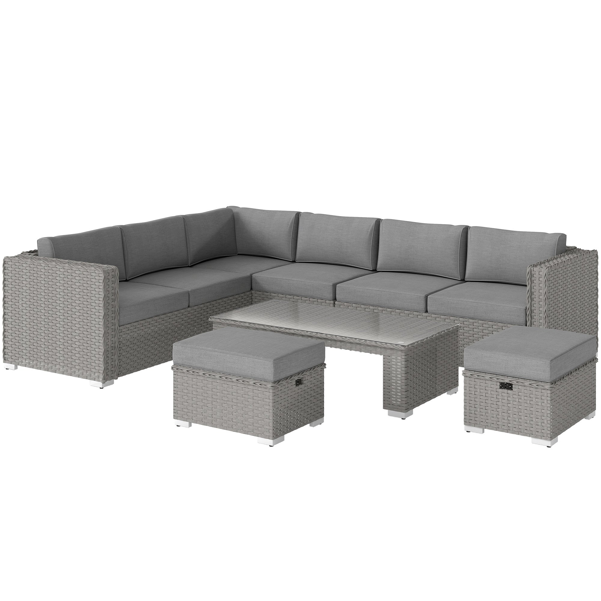 Outsunny 6 Pieces Outdoor PE Rattan Wicker Corner Sofa Set with 10cm Thick Padded Cushions, Aluminium Conservatory Furniture with Glass Top Coffee Table, Footstools, Grey