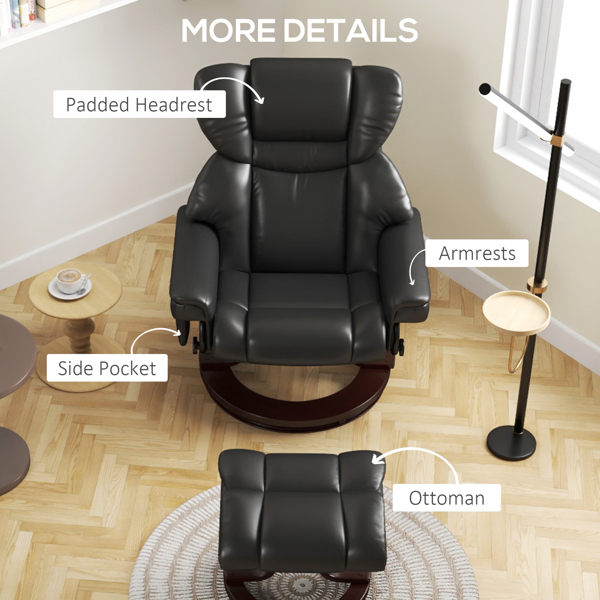 HOMCOM Massage Recliner Chair with Footstool, Upholstered Reclining Armchair with Adjustable Backrest, Steel Frame and Wood Base, Swivel Chair for Living Room, Bedroom, Black