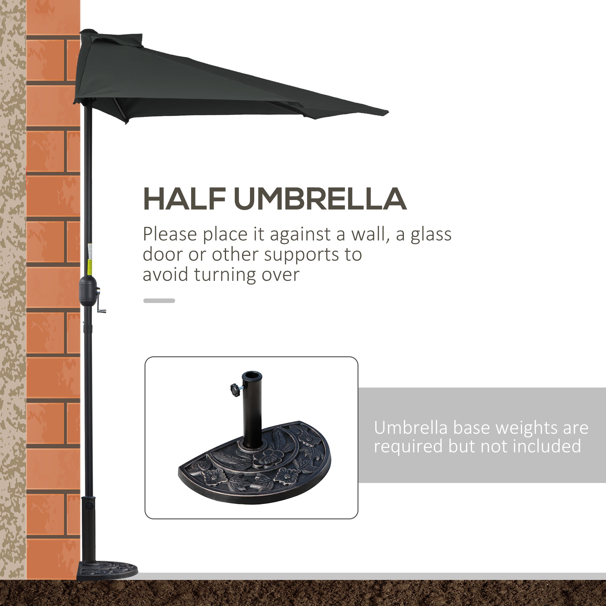 Outsunny 3(m) Half Parasol, Semi Round Umbrella with Metal Frame, Crank Handle for Balcony, Garden, Black