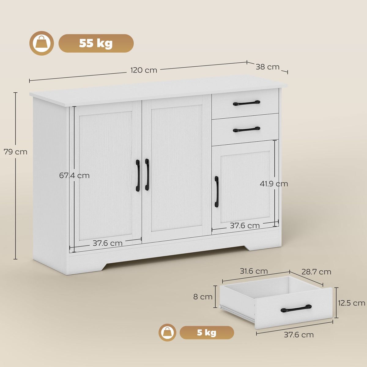 HOMCOM Sideboard with 2 Drawers Modern Storage Cabinet, Kitchen Cupboard with Adjustable Shelf and 3 Doors White