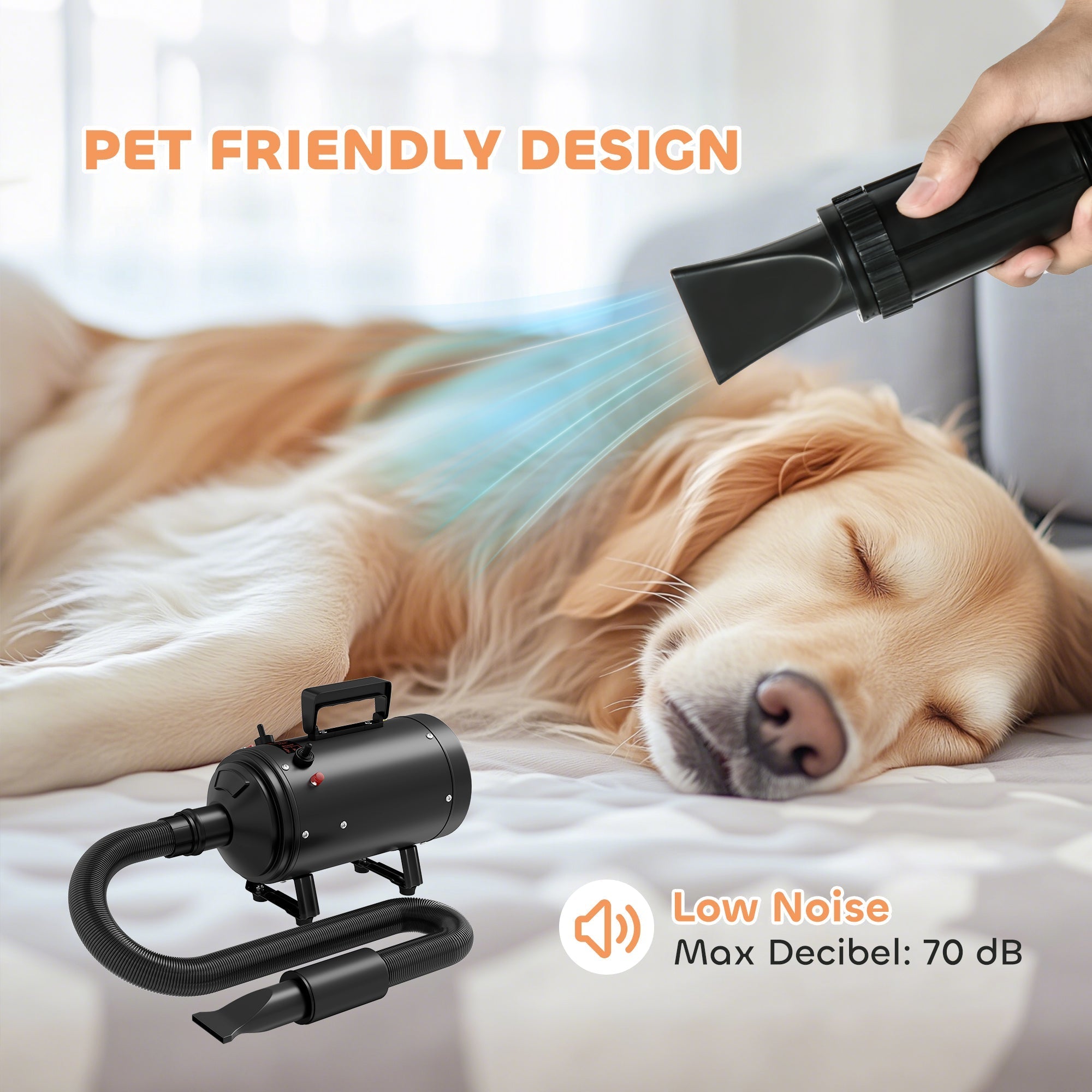 PawHut 2200W Dog Hair Dryer with Adjustable Temperature & Velocity, 3 Different Nozzles, Black
