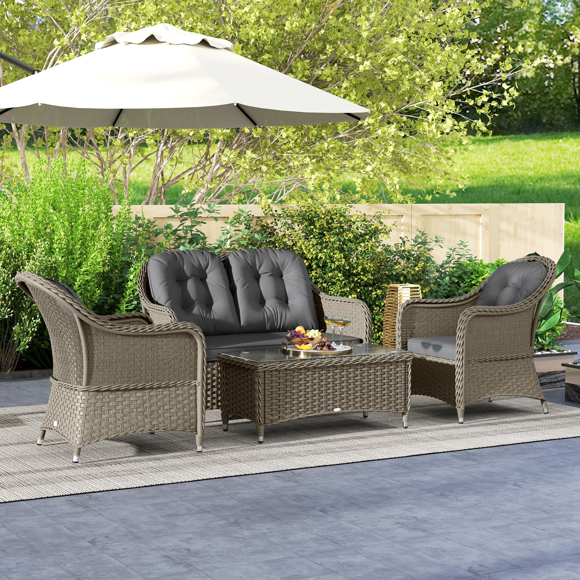 Outsunny Four-Piece Rattan Sofa Set, with Glass-Top Table - Light Grey