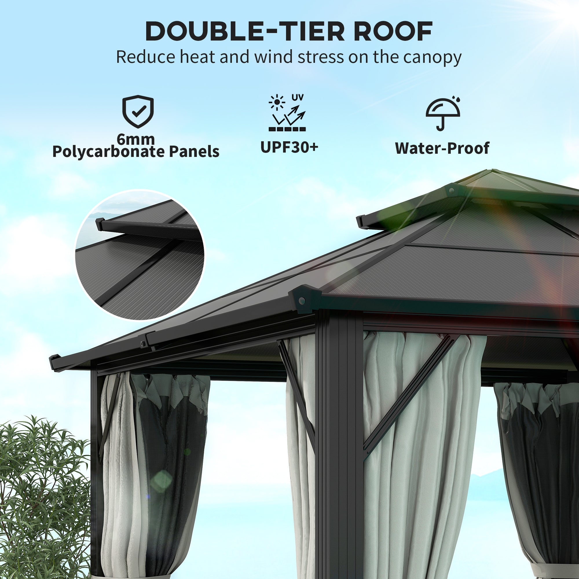 Outsunny 3 x 3(m) Hardtop Gazebo Canopy with UPF30+ Double Polycarbonate Roof, Aluminium Frame Garden Gazebo Permanent Pavilion with Mosquito Netting and Curtains for Patio, Deck, Grey