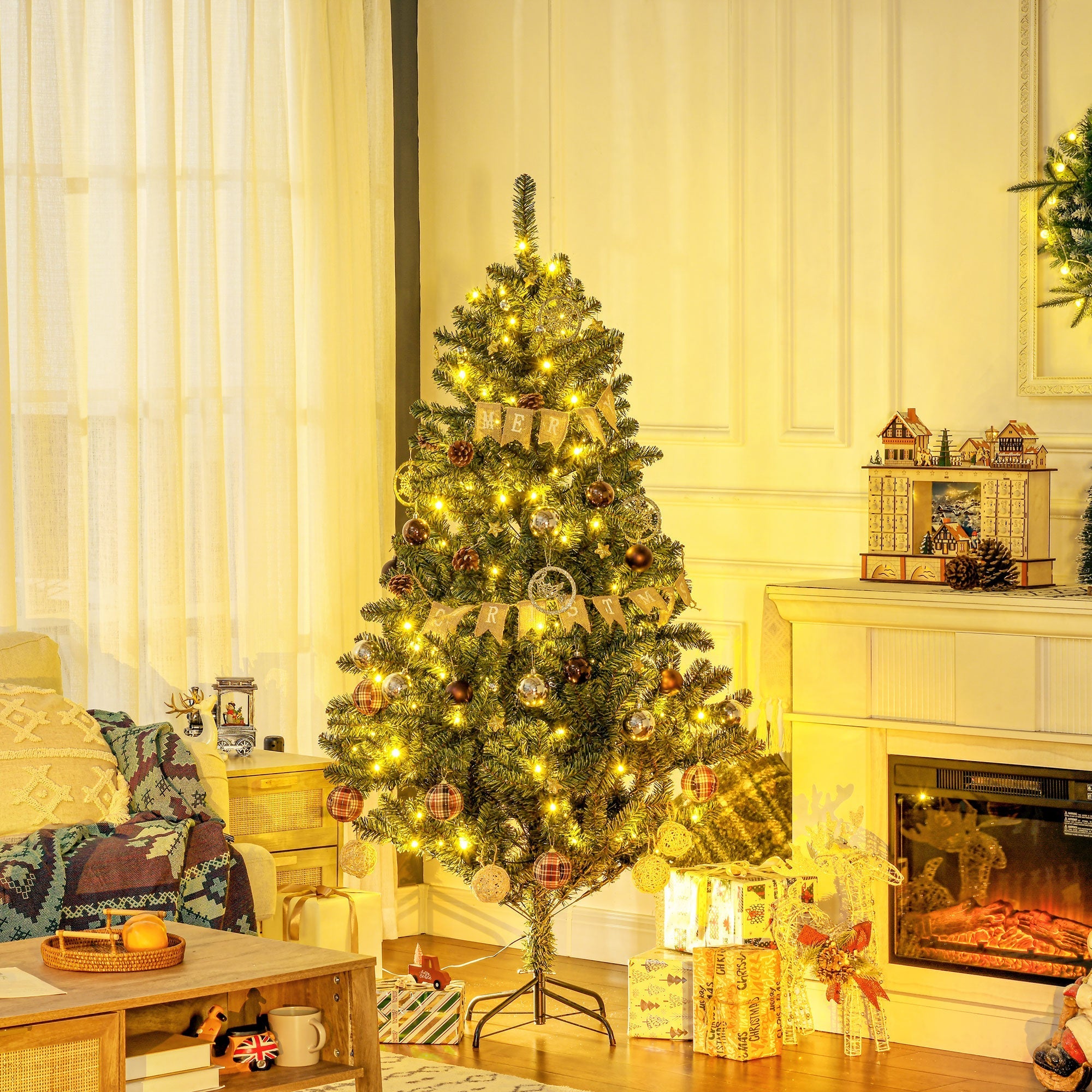 HOMCOM 6' Artificial Prelit Christmas Trees Holiday DÃ©cor with Warm White LED Lights, Decoration, Banner, Tag, Ball