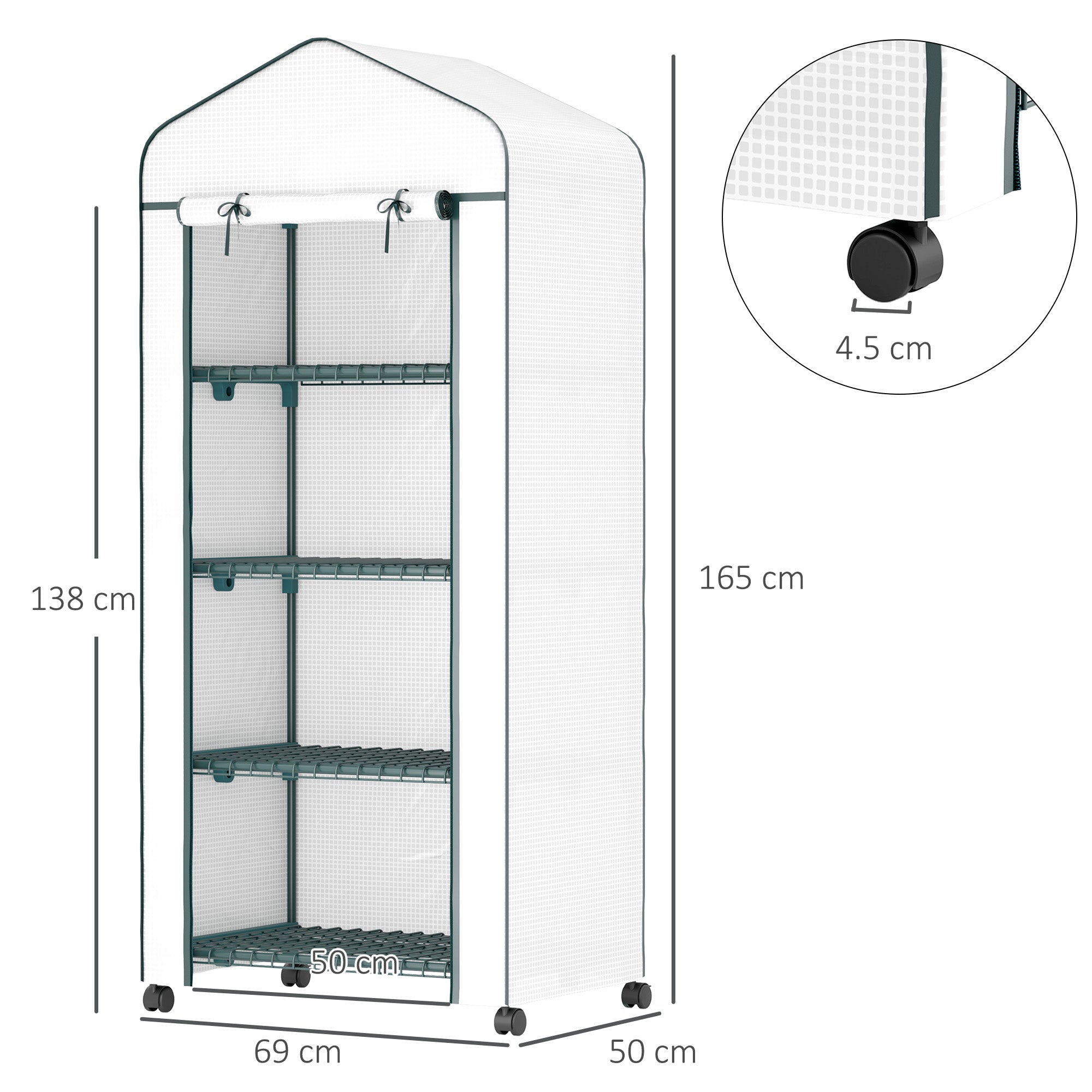 Outsunny 4 Tier Mini Portable Greenhouse Compact Plant Grow Shed Metal Frame PE Cover with Lockable Rolling Wheels , White