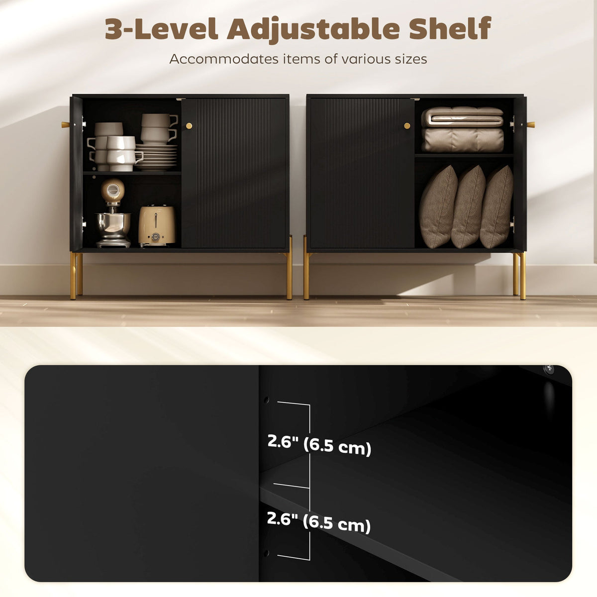 HOMCOM Sideboard Buffet Cabinet, Coffee Bar Cabinet with Fluted Doors and Adjustable Shelf, Black
