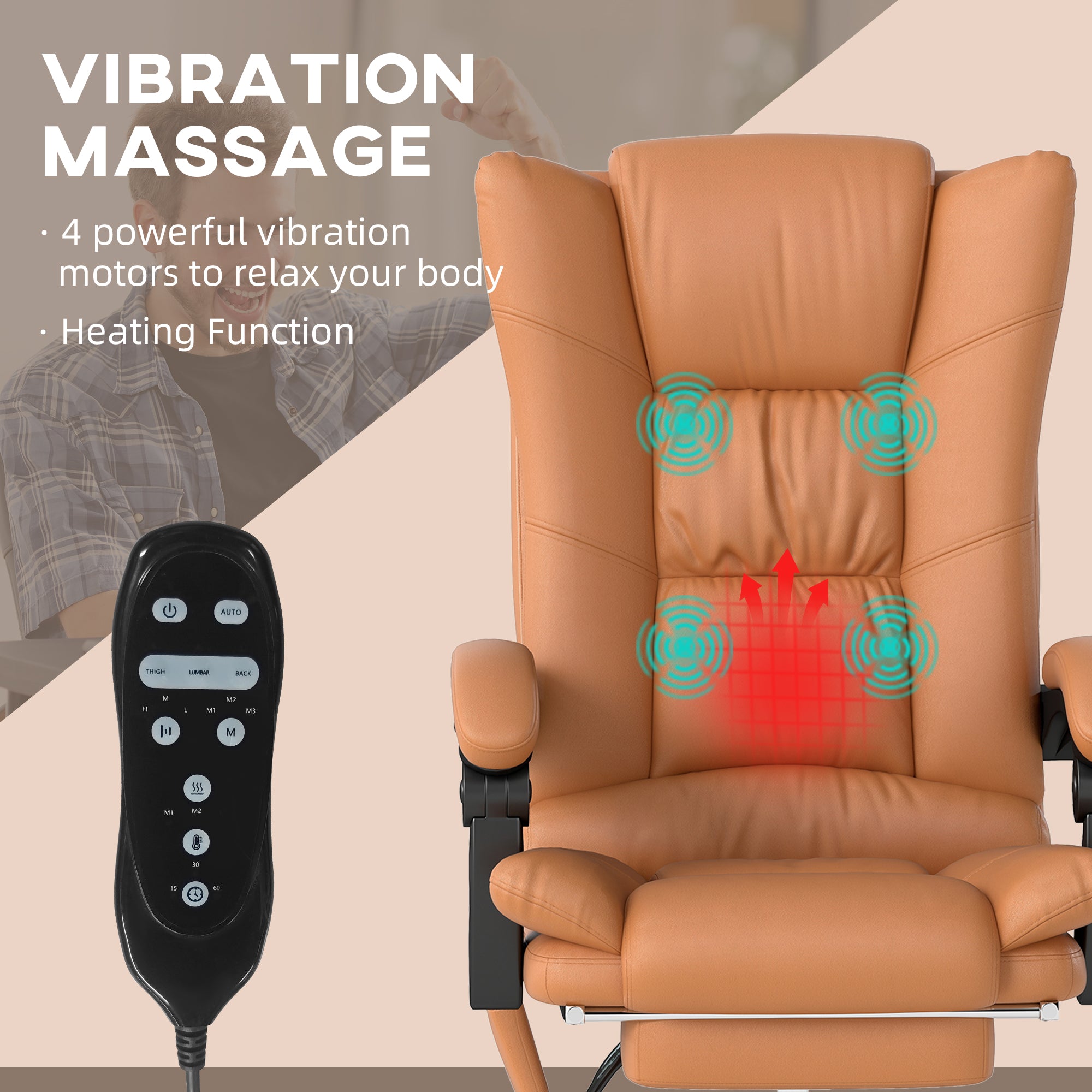 Vinsetto High Back Vibration Massage Office Chair, Heated Reclining PU Leather Computer Chair with 135√Ç¬∞ Reclining Back and Footrest, Light Brown