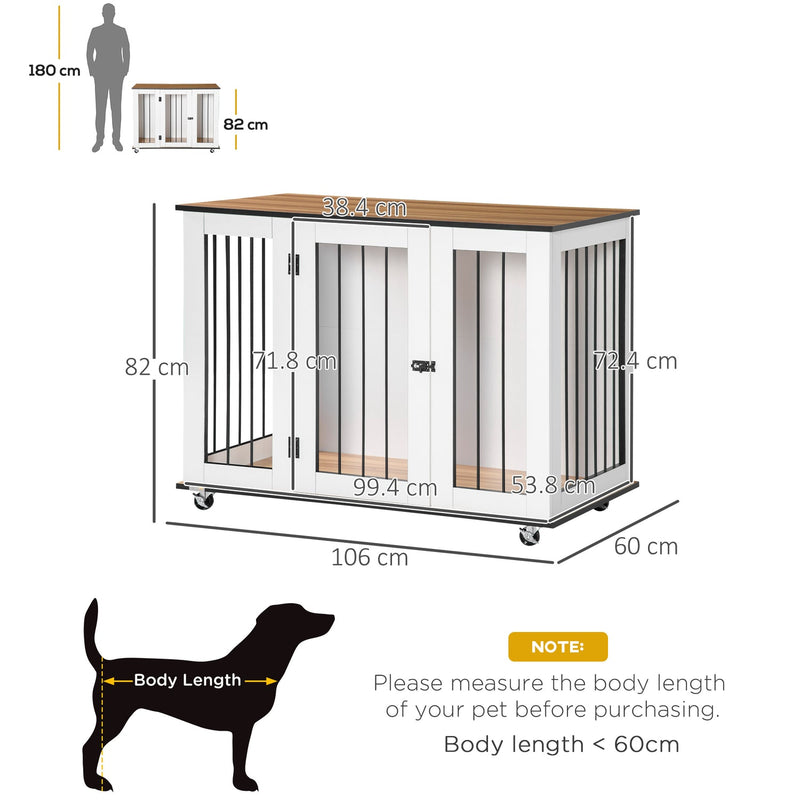 PawHut Dog Crate Furniture with Wheels, Dog Cage End Table for Medium Dogs, with Lockable Door, White, 106W x 60D x 82H