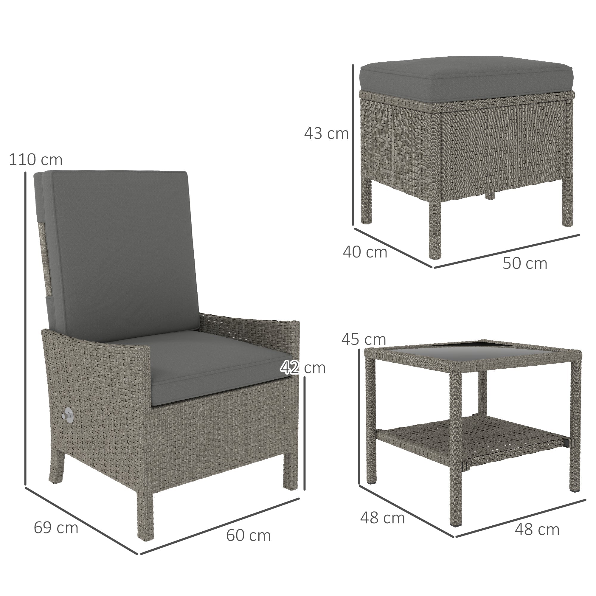 Outsunny 5 Piece Rattan Garden Furniture Set, Wicker Patio Sofa Set with 2 Armchairs, 2 Footstools, Glass Top Coffee Table with Shelf, Outdoor Furniture with Adjustable Backrests, Cushions, Dark Grey